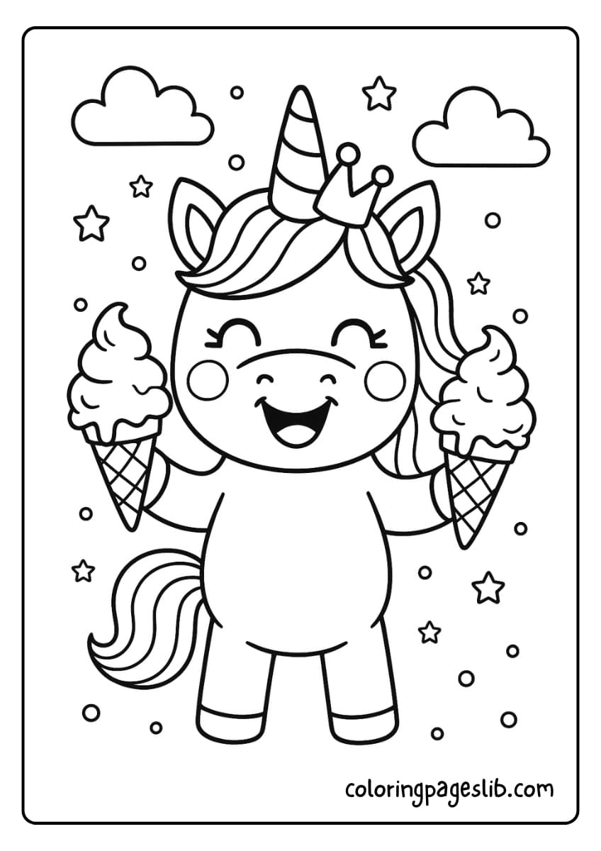 Two Scoops of Joy – Unicorn with Ice Cream Coloring Pages
