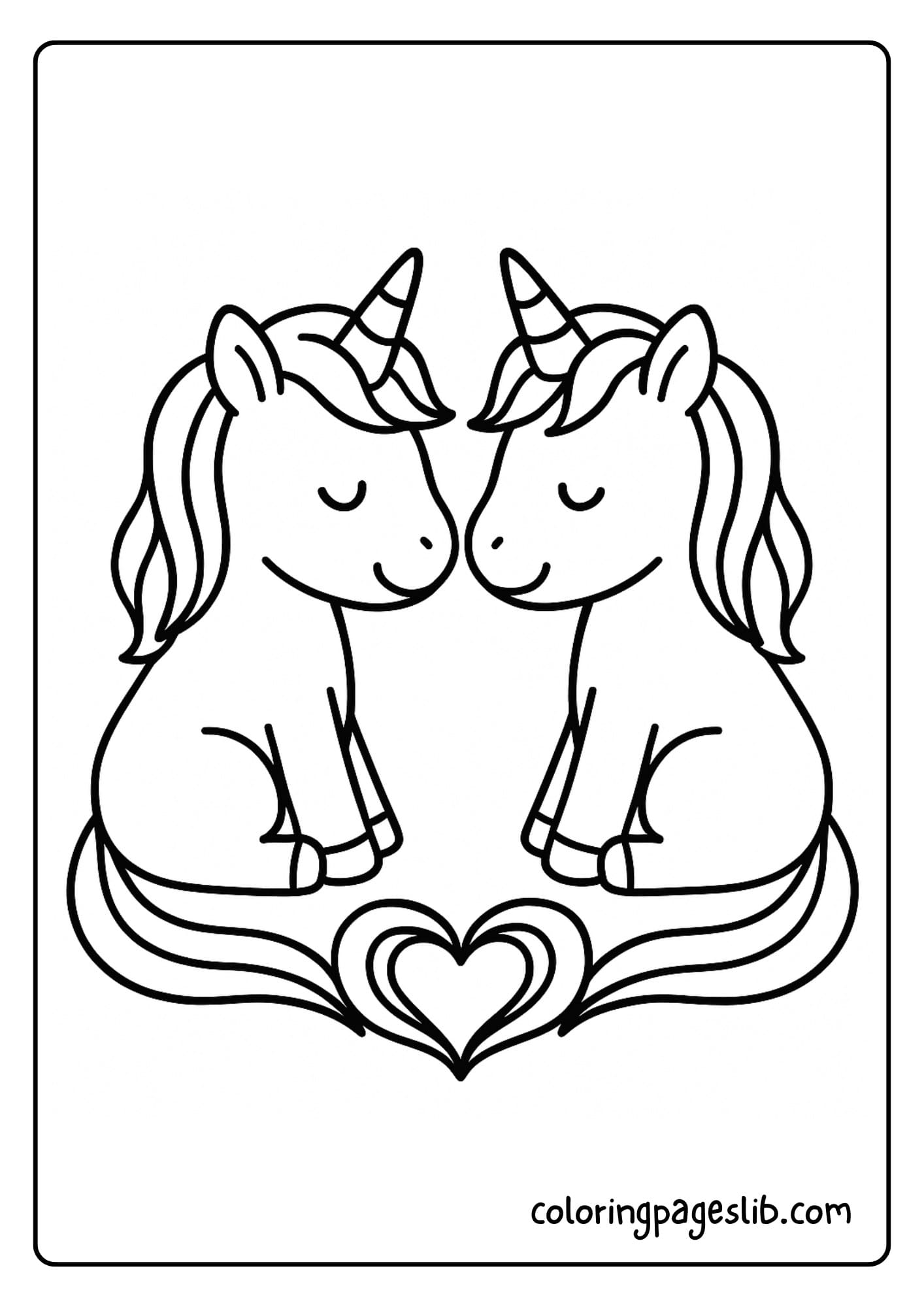 Two unicorns forming a heart shape with their tails