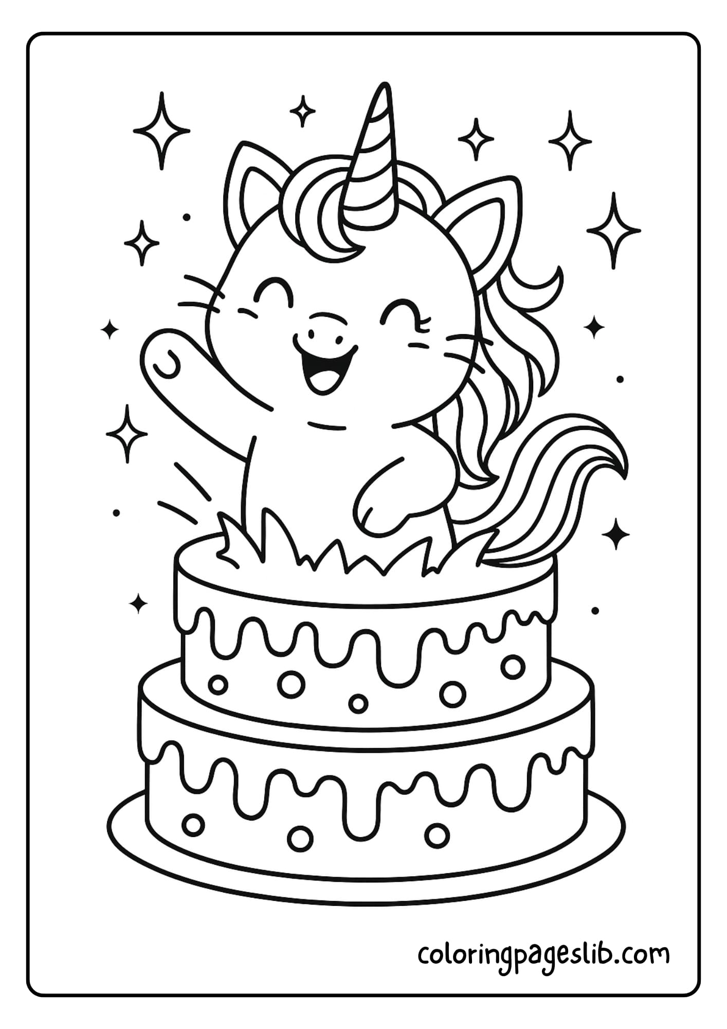 Unicorn Cat Cake Coloring Pages_ Jumping out of a Surprise Cake