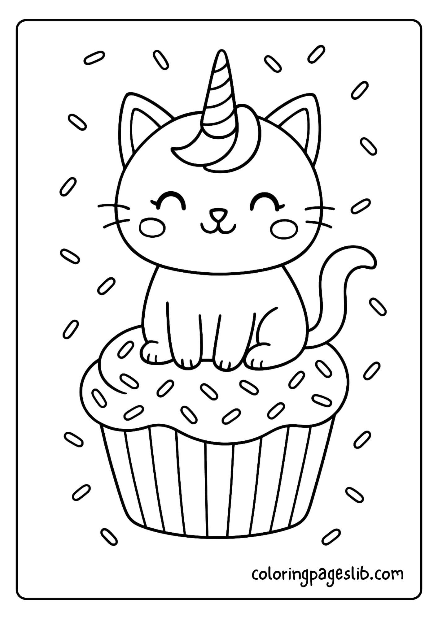 Unicorn Cat Cake Coloring Pages_ Sitting on a Giant Cupcake