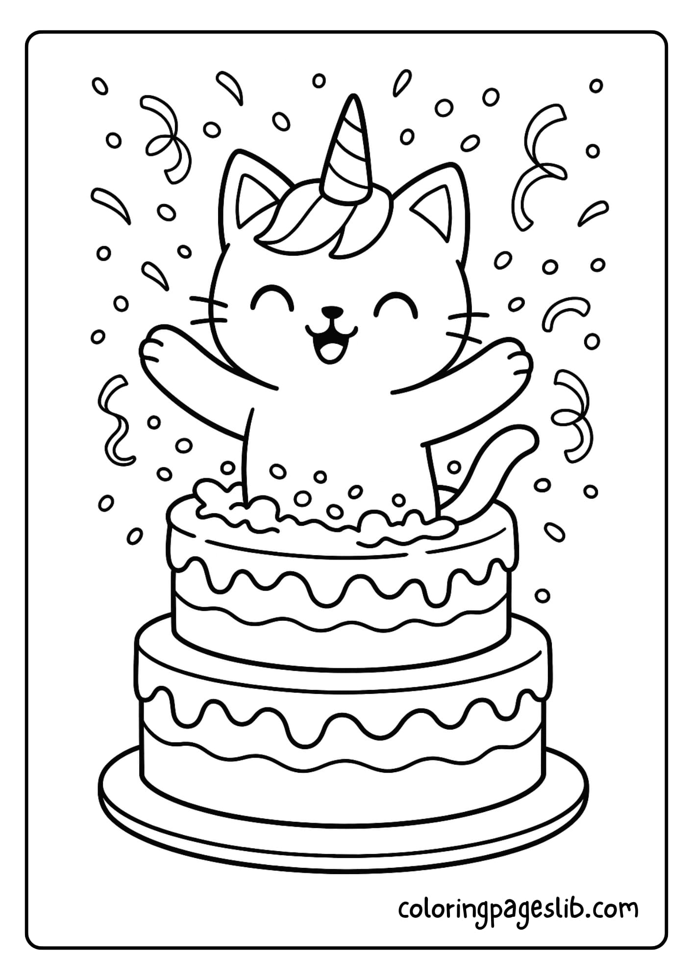 Unicorn Cat Coloring Pages_ Birthday Cake Surprise