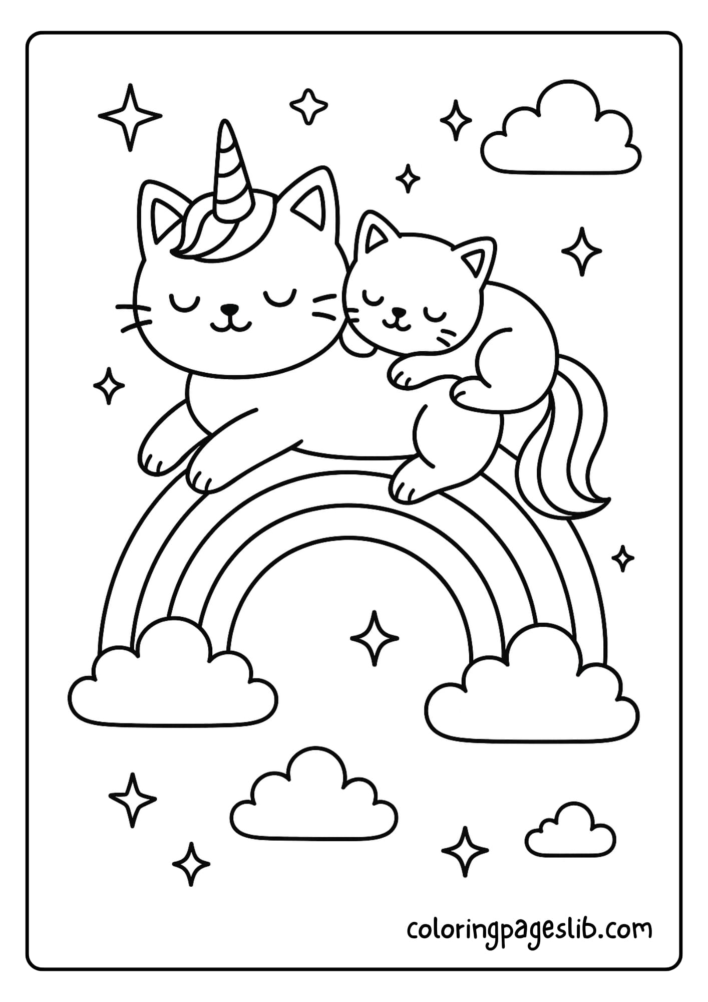 Unicorn Cat Coloring Pages_ Magical Nap on a Rainbow