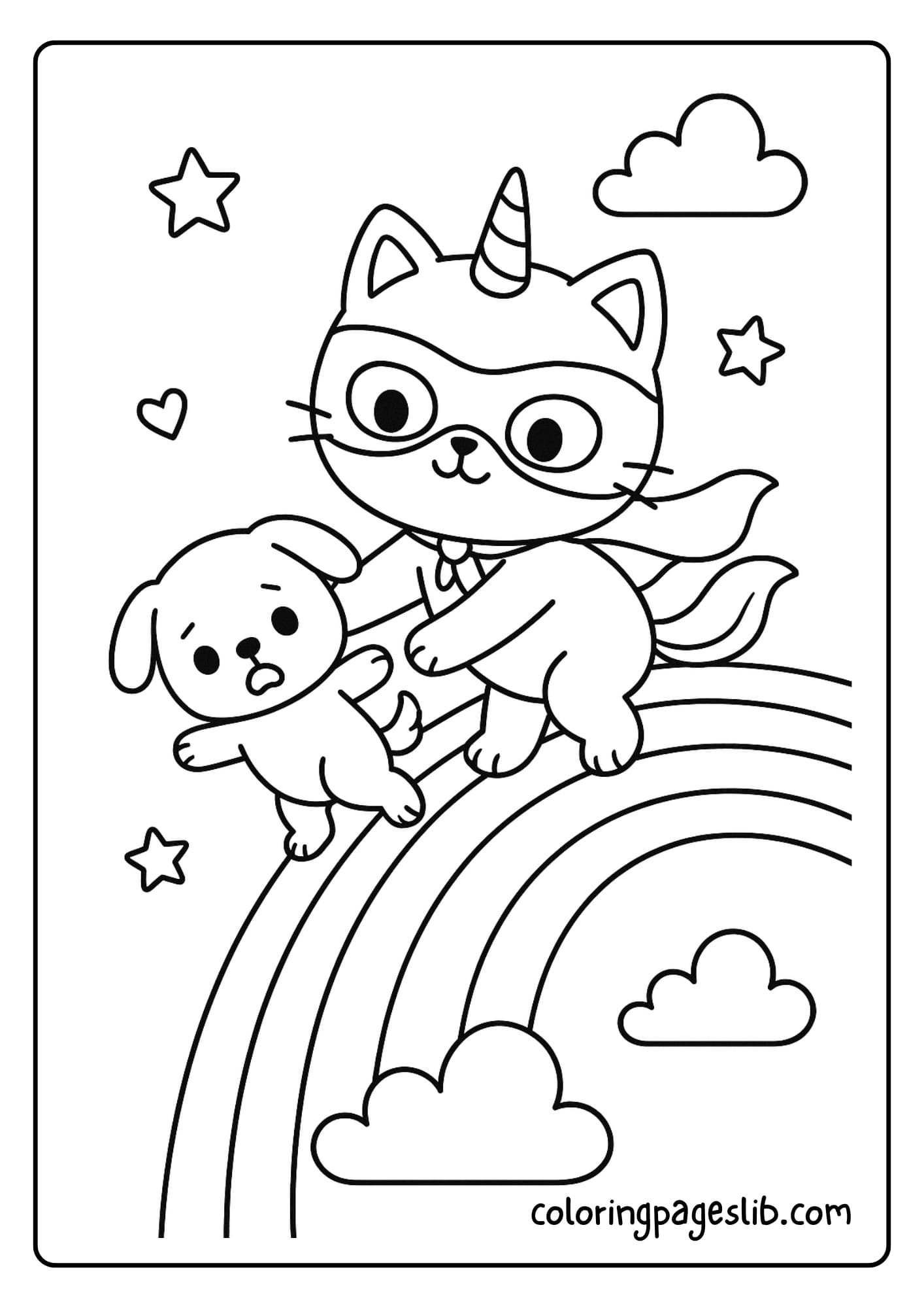 Unicorn Cat Coloring Pages_ Masked Hero on a Rainbow