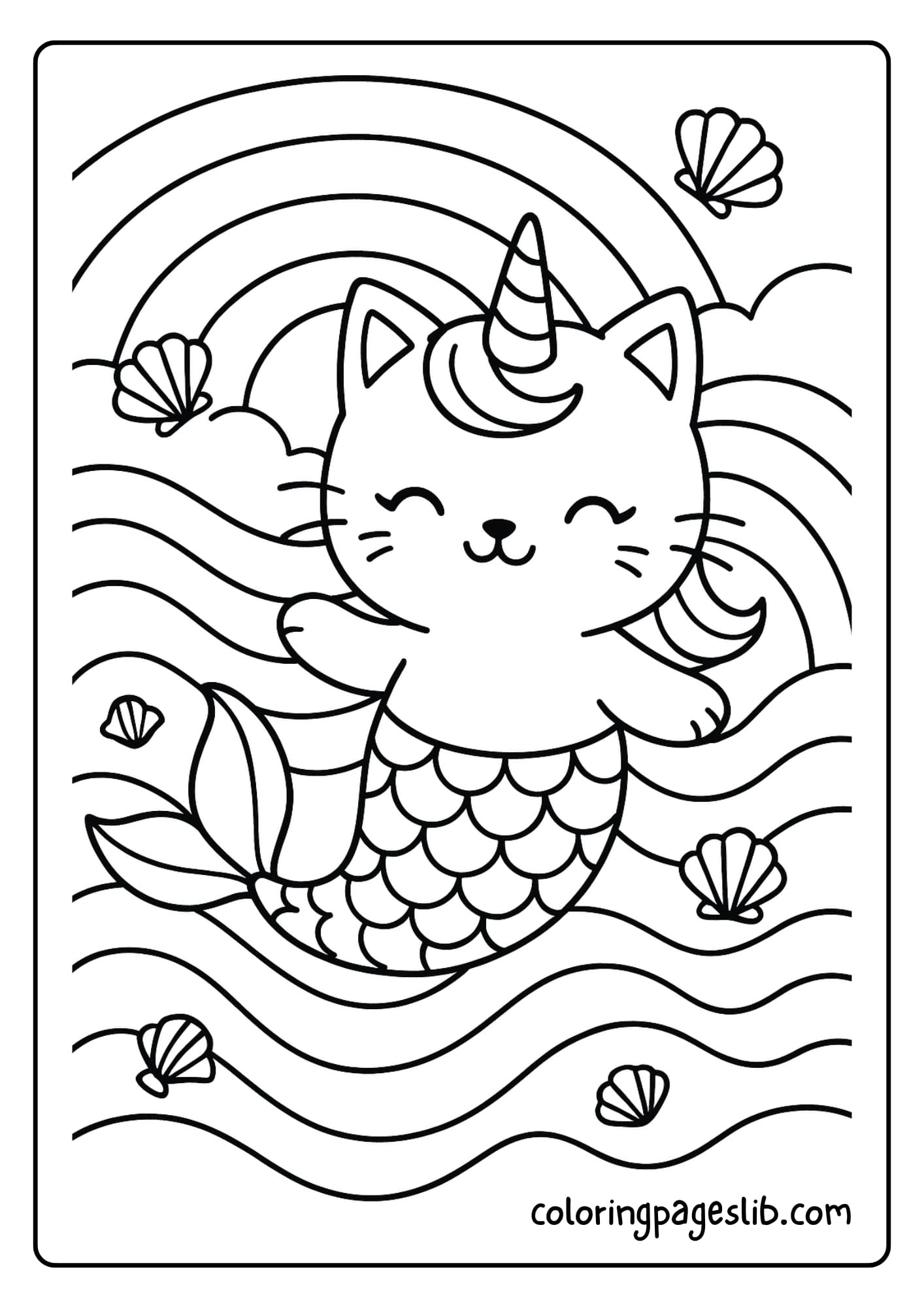 Unicorn Cat Mermaid Coloring Pages_ Swimming Through Rainbow Waves