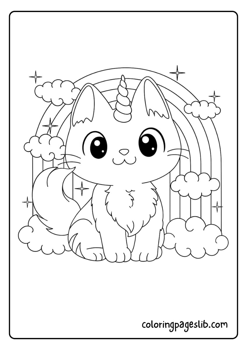 Unicorn Cat Rainbow Coloring Page