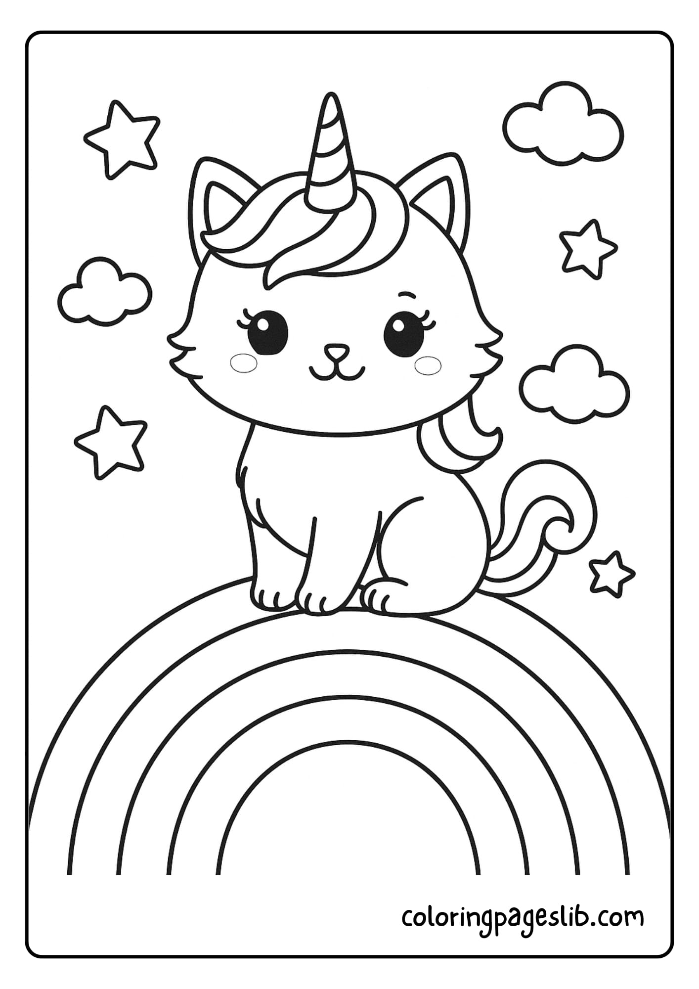 Unicorn Cat Rainbow Coloring Pages_ Sitting on a Rainbow Curve