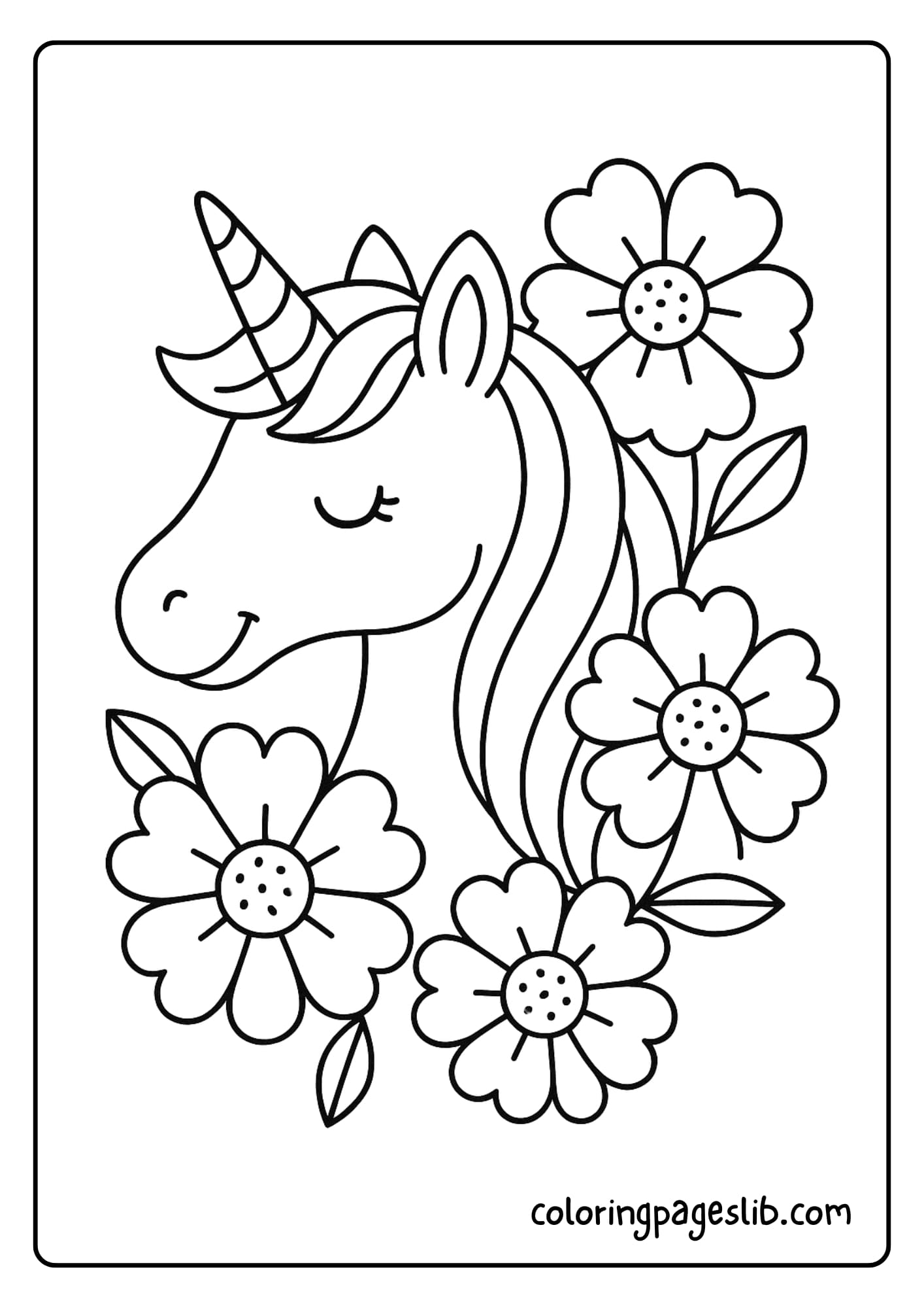 Unicorn Coloring Pages Easy Featuring Unicorn Head with Flowers