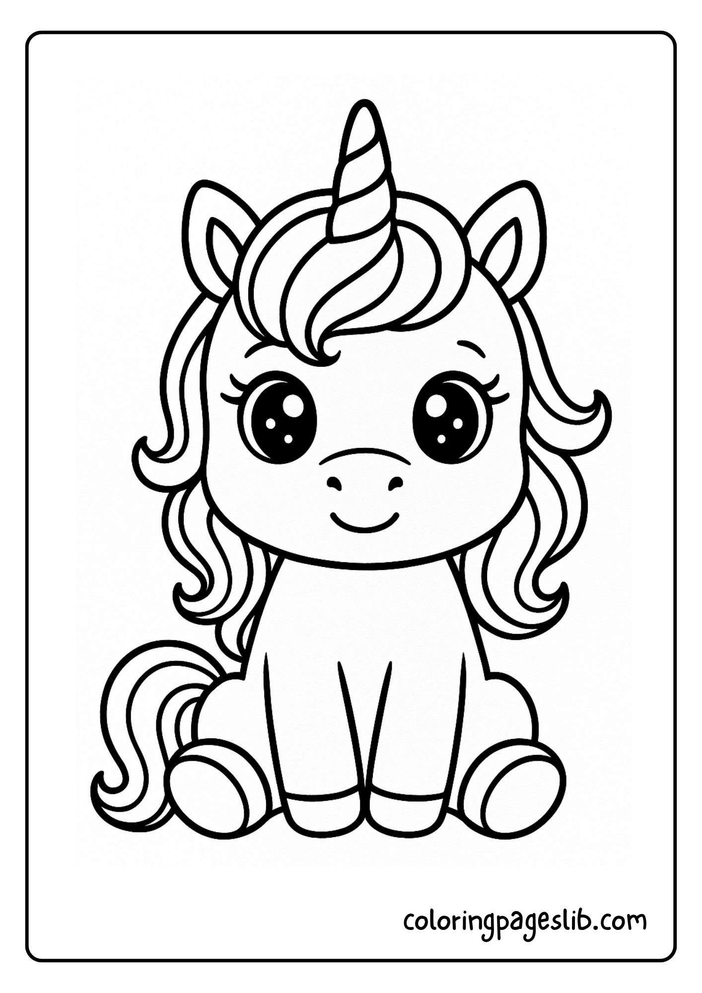 Unicorn Coloring Pages – Cute Unicorn Sitting with Sparkling Eyes