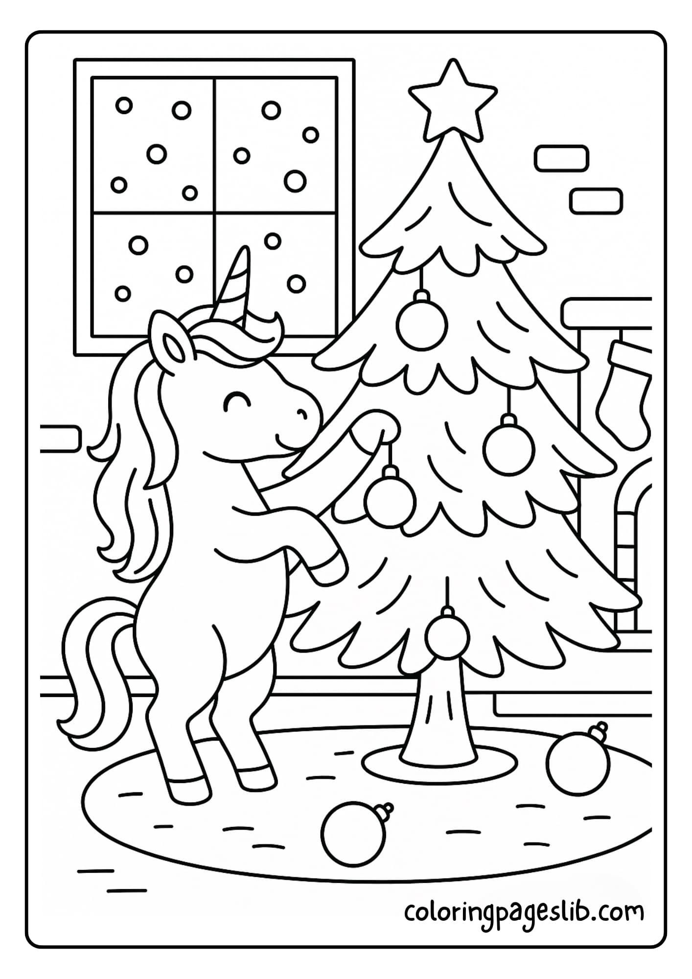 Unicorn Decorating Christmas Tree with Ornaments – Christmas Unicorn Coloring Pages