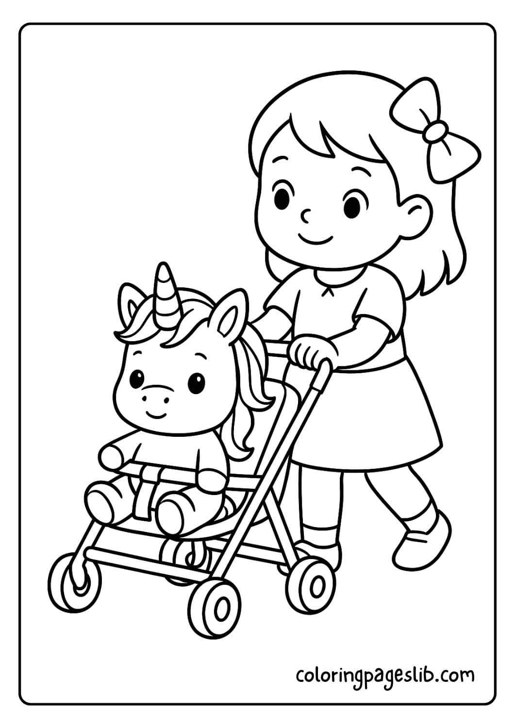 Unicorn Doll Riding in a Toy Stroller