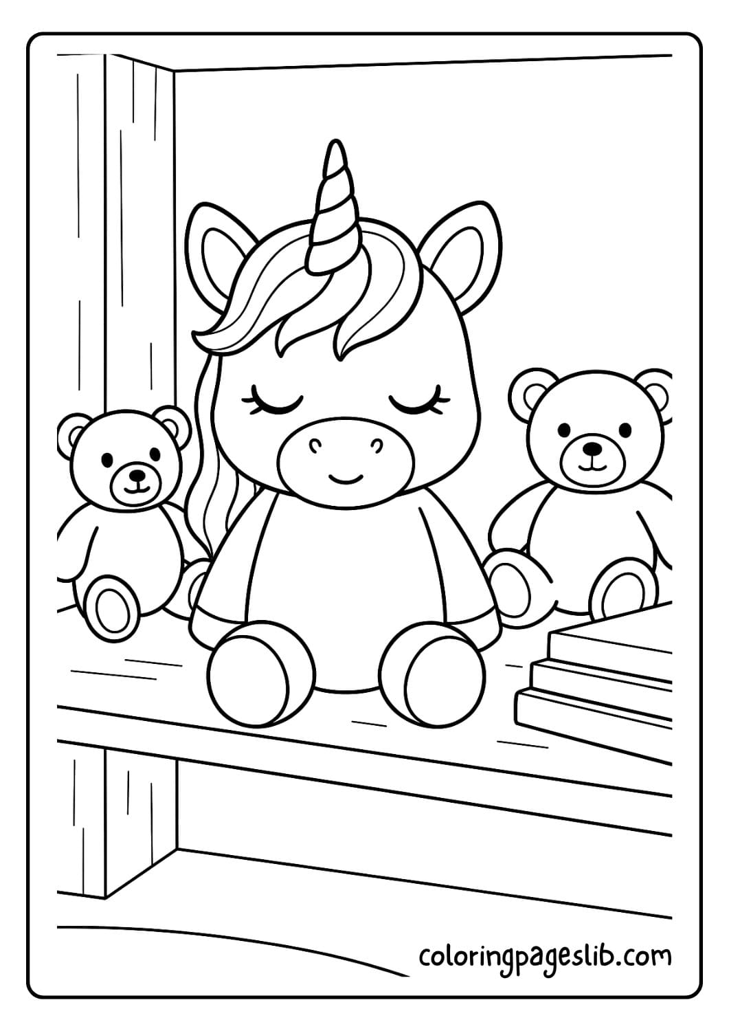 Unicorn Doll Sitting on a Toy Shelf