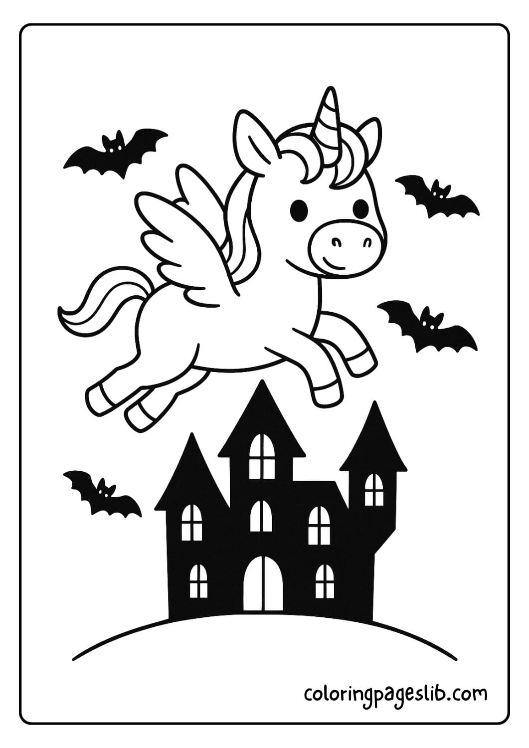 Unicorn Flying Over a Spooky House