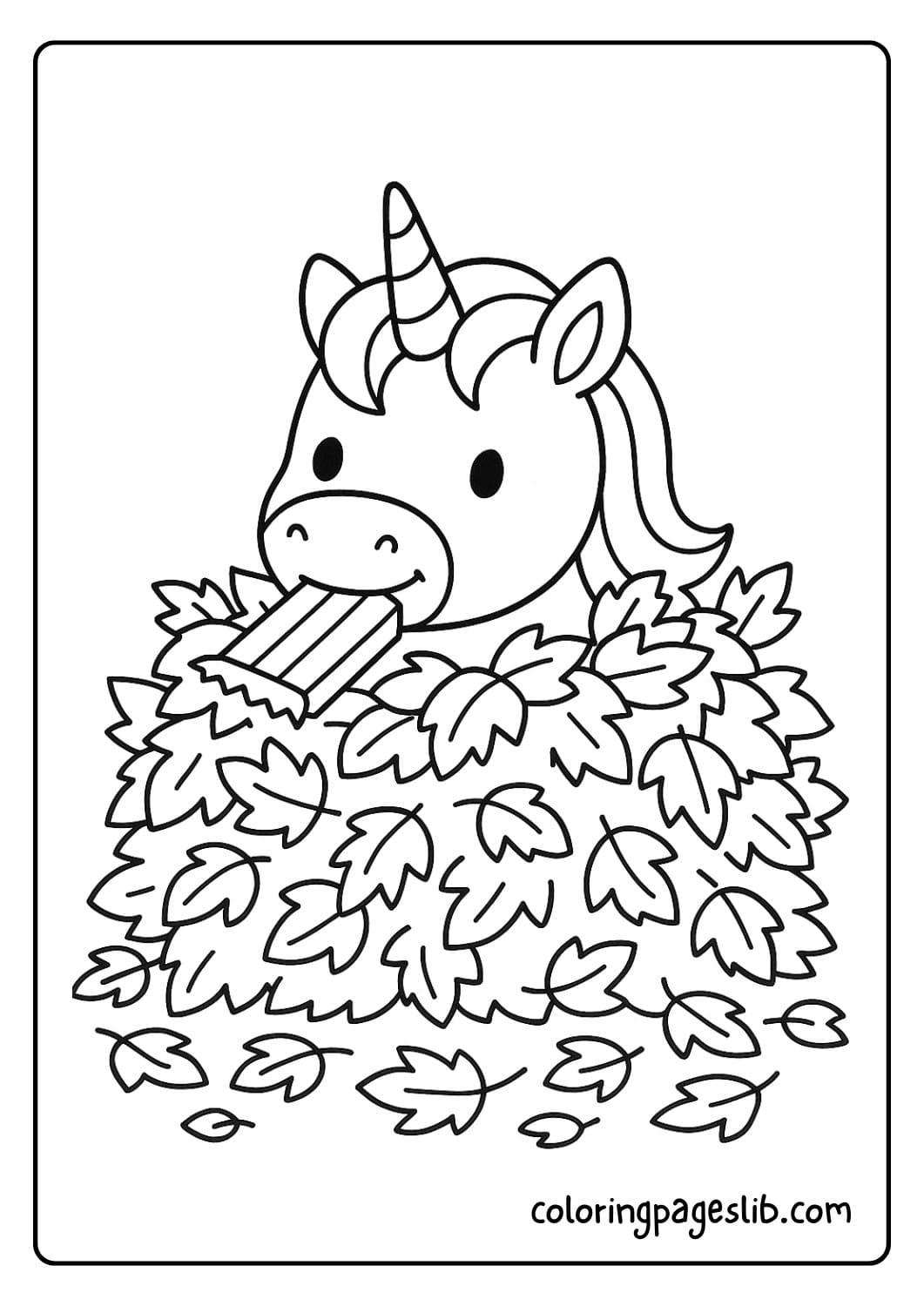 Unicorn Hiding in a Pile of Leaves with Candy