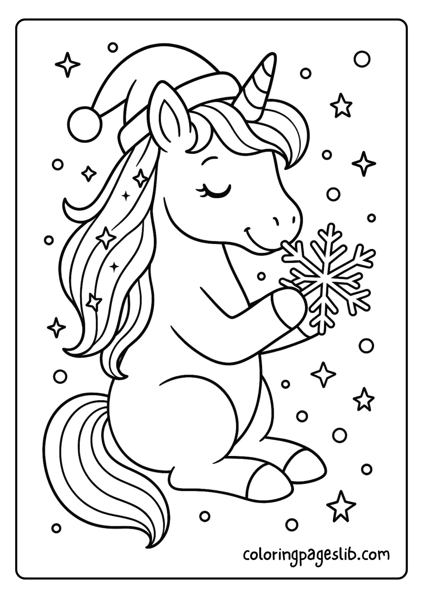 Unicorn Holding Snowflake – Christmas Unicorn Coloring Pages