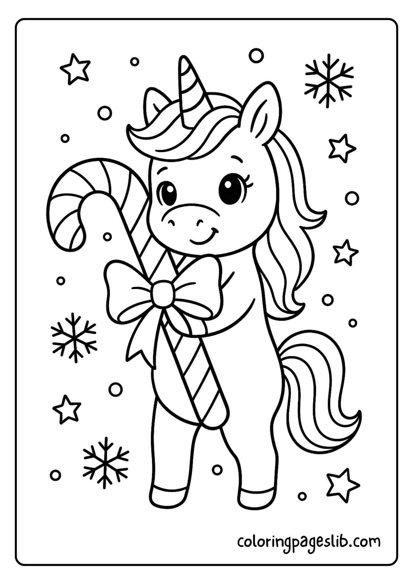 Unicorn Holding a Candy Cane – Christmas Unicorn Coloring Pages