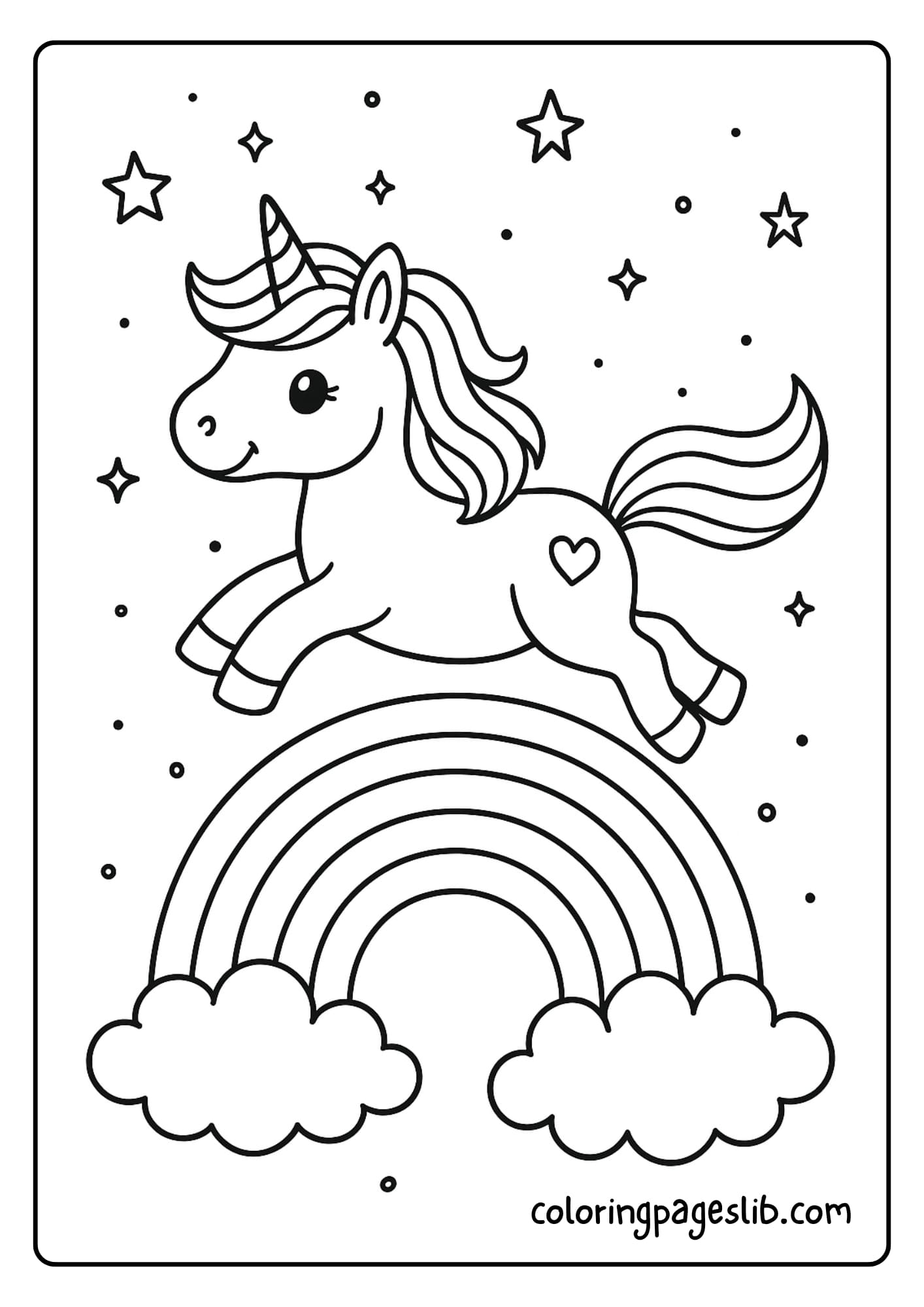 Unicorn Jumping Over a Rainbow Coloring Pages – Soaring Across a Starry Sky
