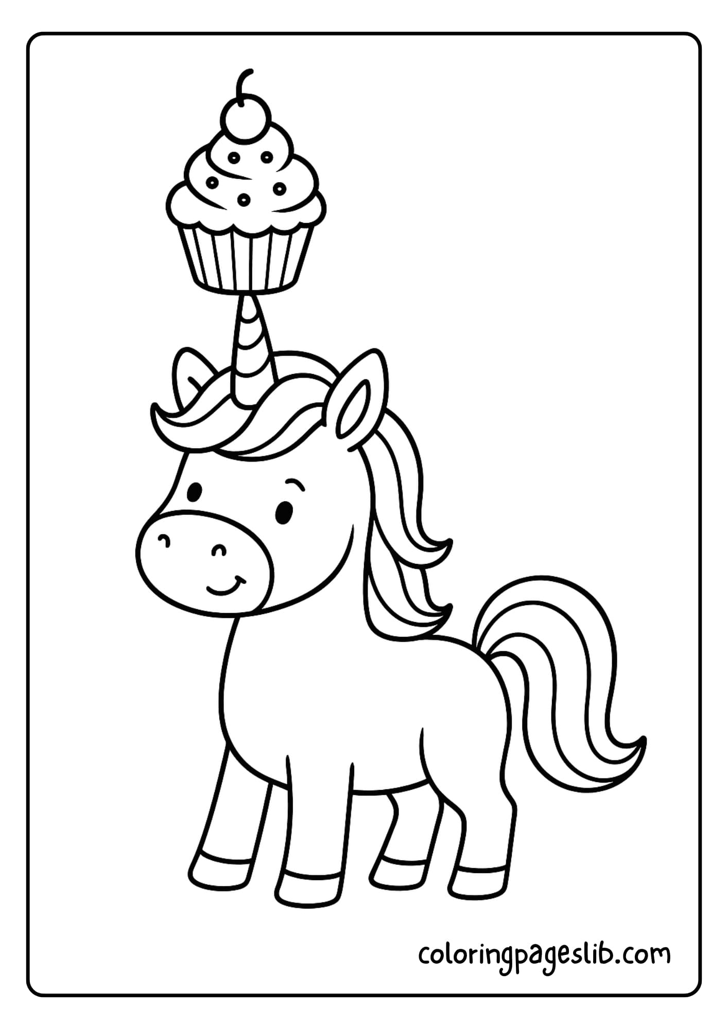 Unicorn Balancing a Cupcake on Its Head – Unicorn with Cupcake Coloring Pages