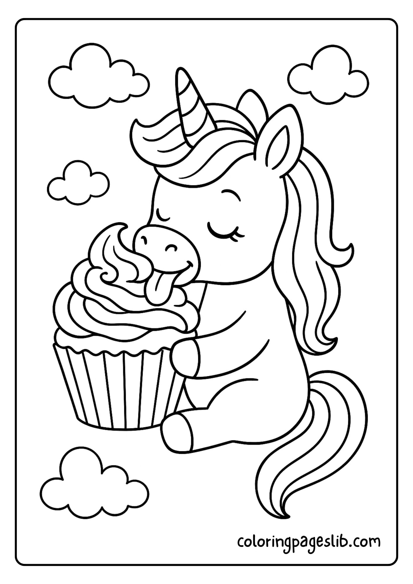 Unicorn Licking Frosting from a Cupcake – Unicorn with Cupcake Coloring Pages
