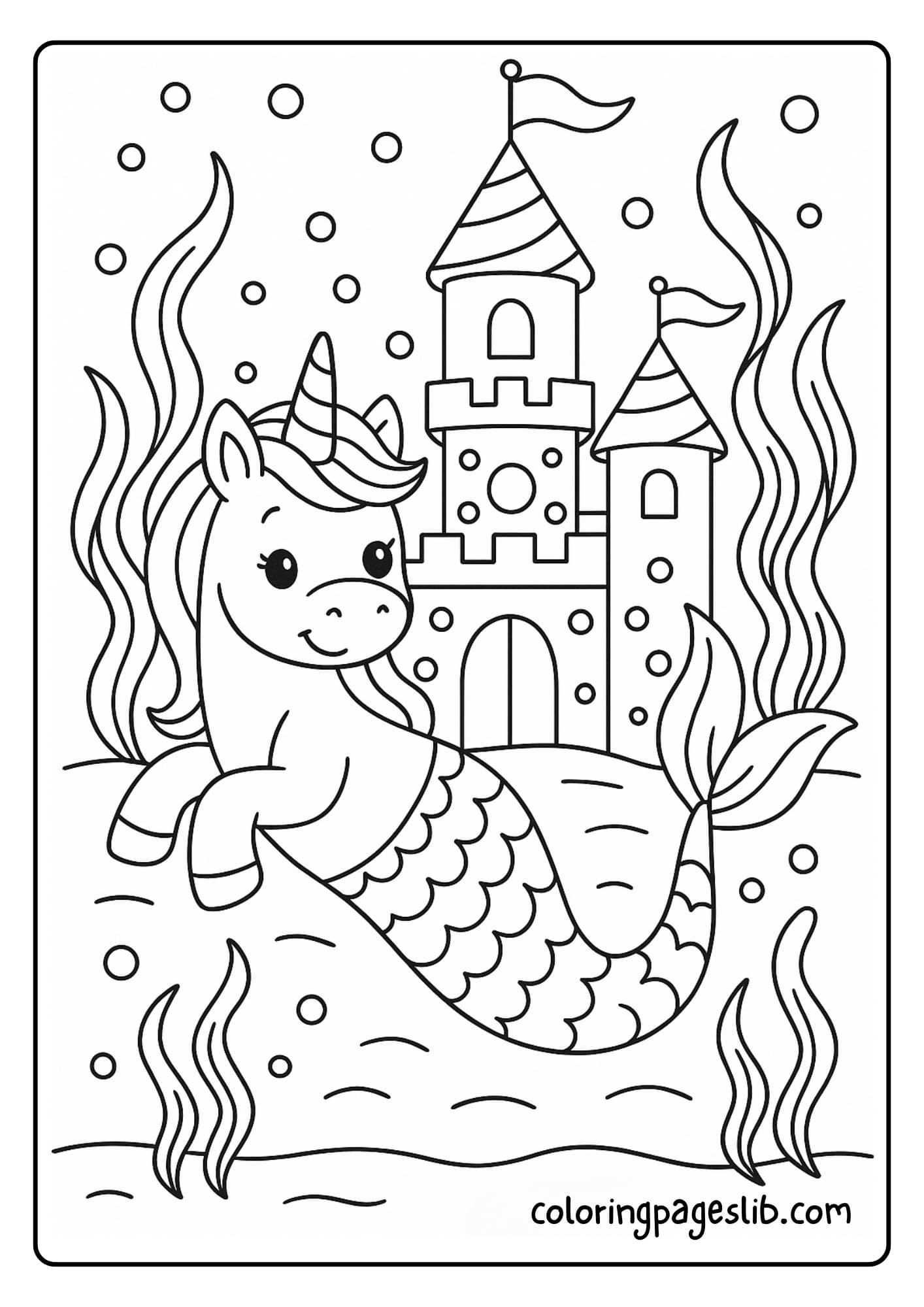 Unicorn Mermaid Coloring Pages in an Underwater Castle