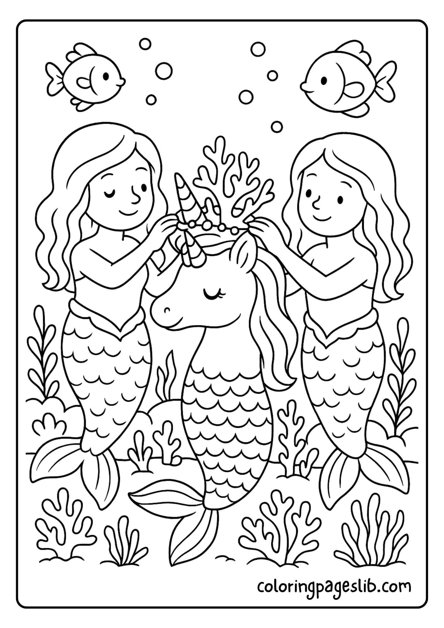 Unicorn Mermaid Coloring Pages with Coral Crown Ceremony