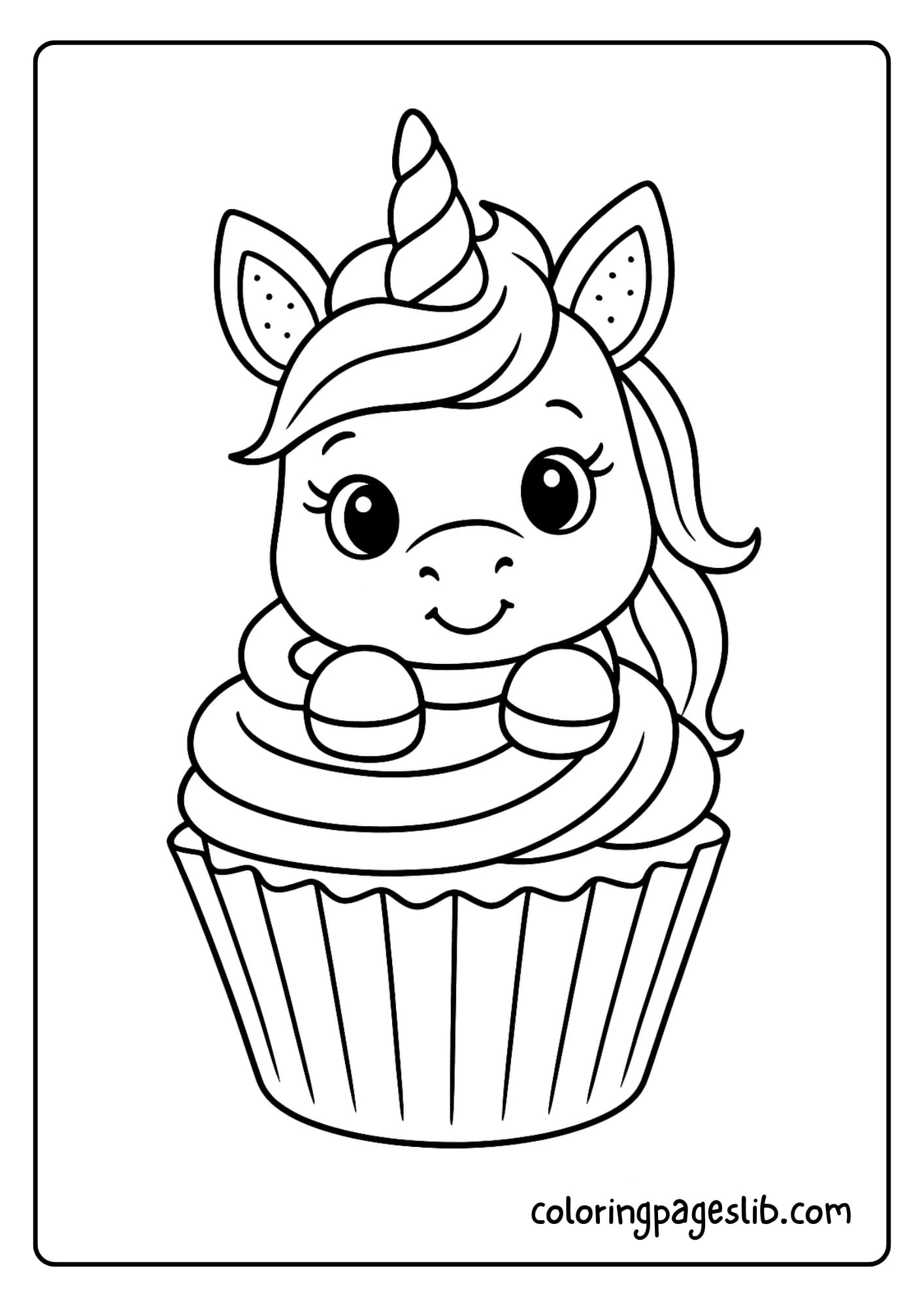 Unicorn Peeking Out of a Cupcake Wrapper – Unicorn Cupcake Coloring Page