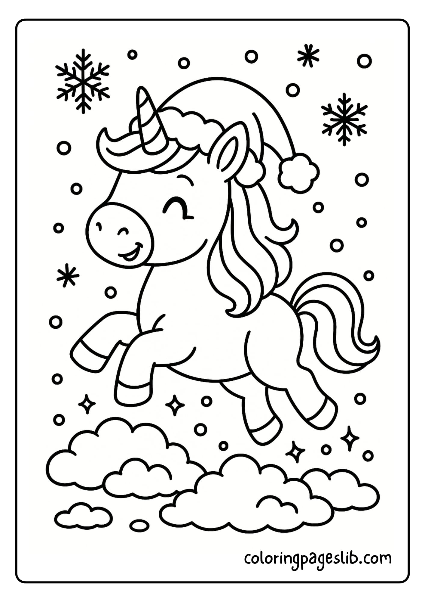 Unicorn Playing in Snow with Santa Hat – Santa Unicorn Coloring Page