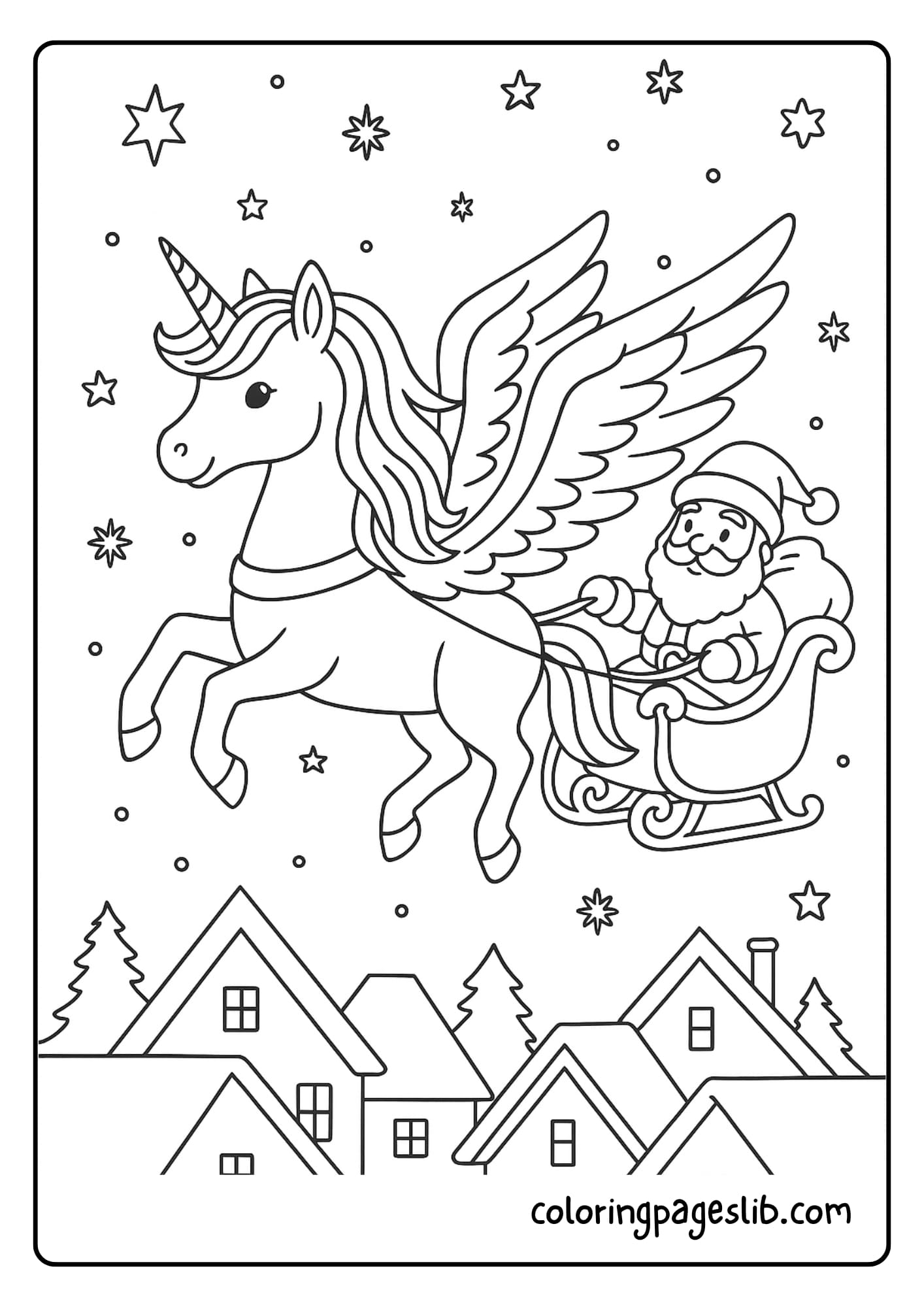 Unicorn Pulling Santa’s Sleigh – Santa Unicorn Coloring Page