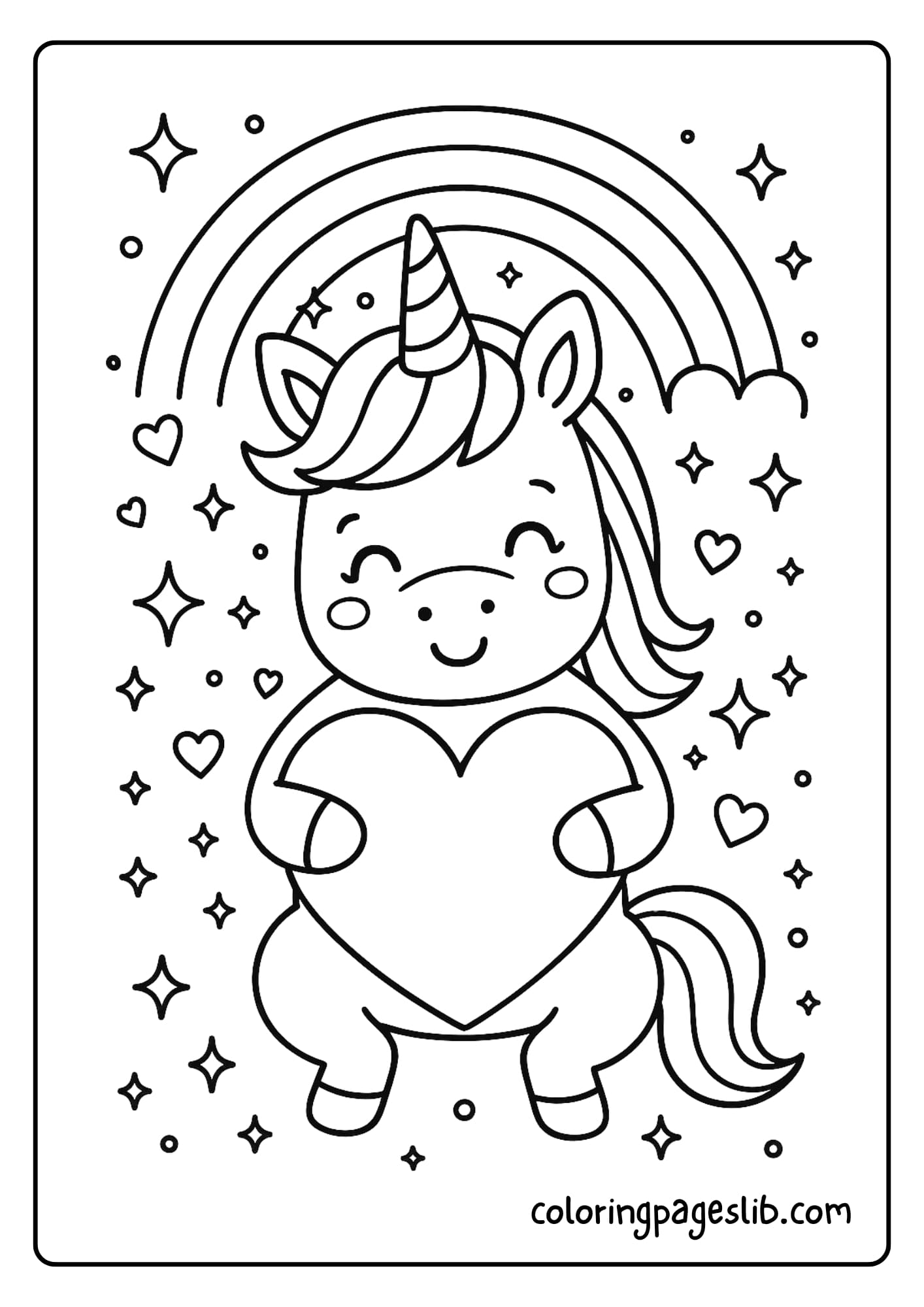 Unicorn Rainbow Heart Coloring Pages – Holding a Heart with Rainbow Sparkles