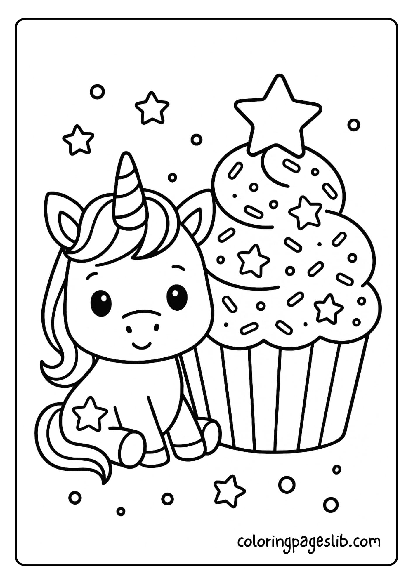 Unicorn Sitting Next to a Giant Cupcake – Unicorn with Cupcake Coloring Pages