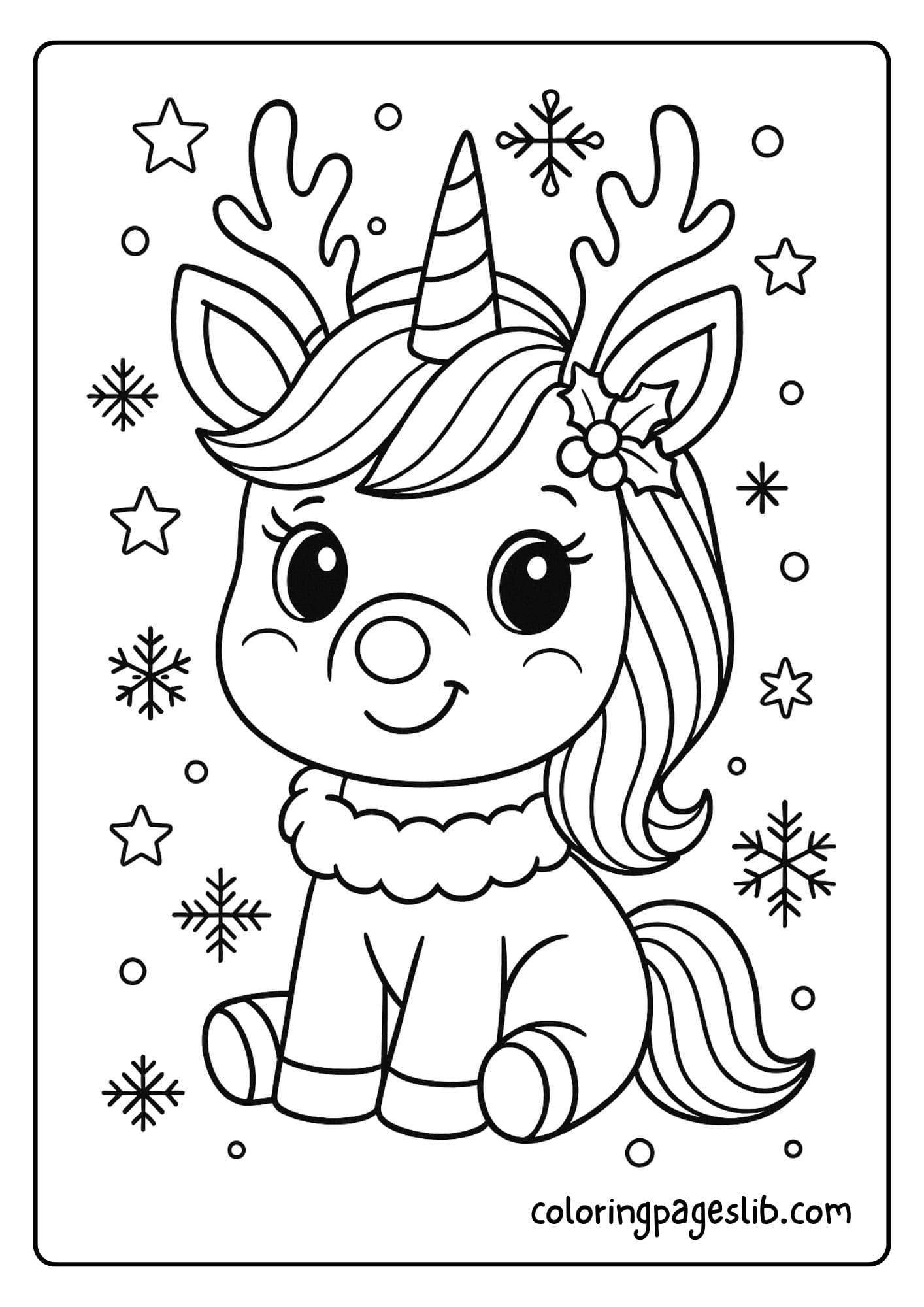 Unicorn Wearing Reindeer Antlers – Cute Christmas Unicorn Coloring Pages