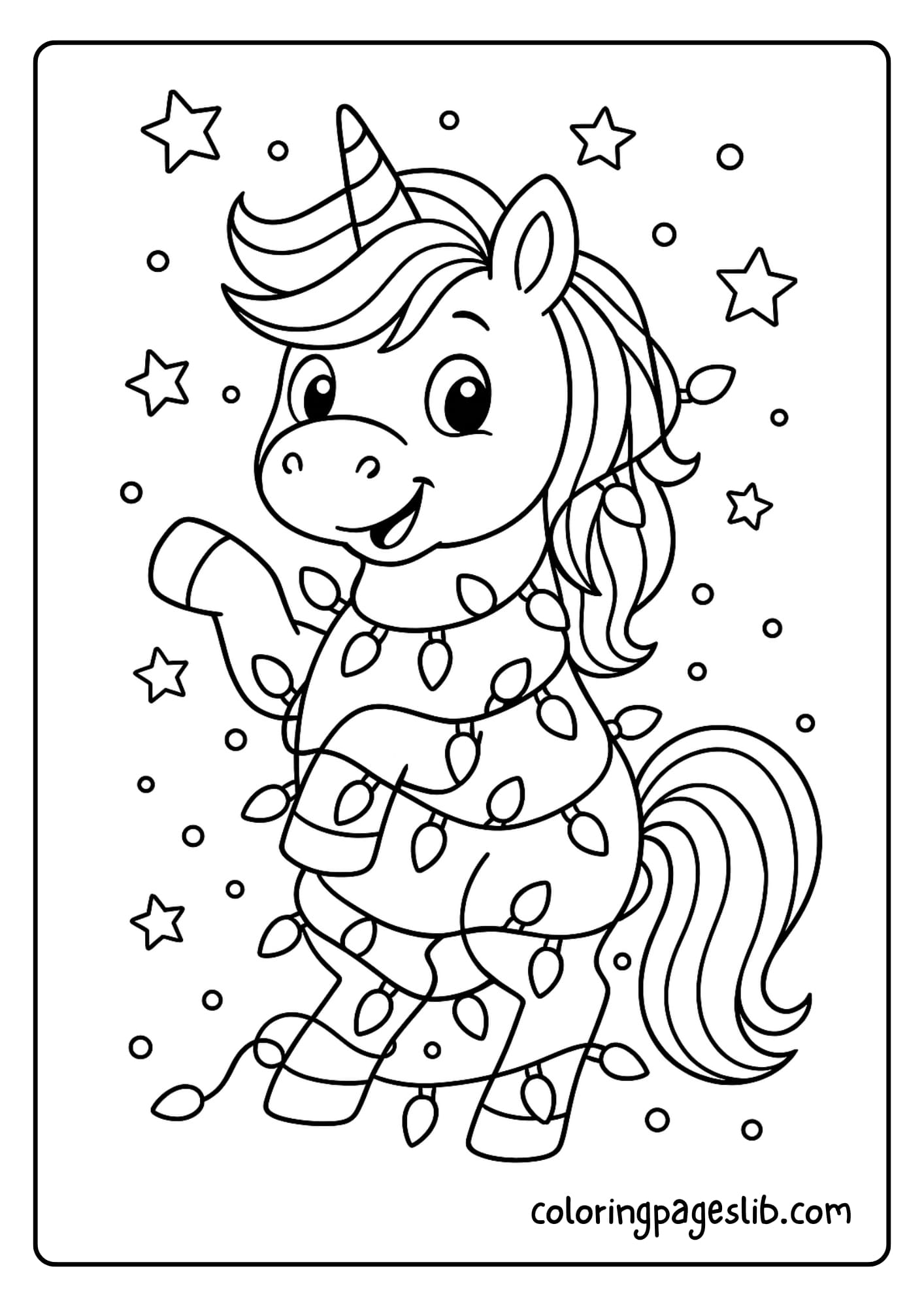 Unicorn Wrapped in Christmas Lights – Cute Christmas Unicorn Coloring Pages