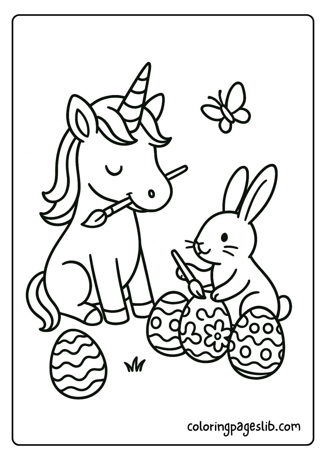 Unicorn and Bunny Decorating Easter Eggs