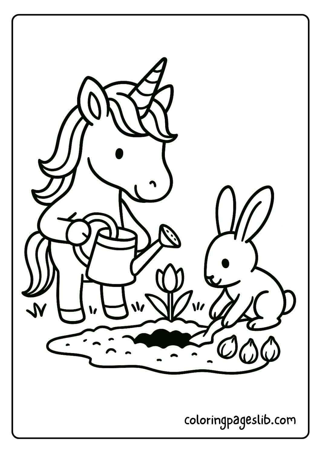 Unicorn and Bunny Planting Flowers Together