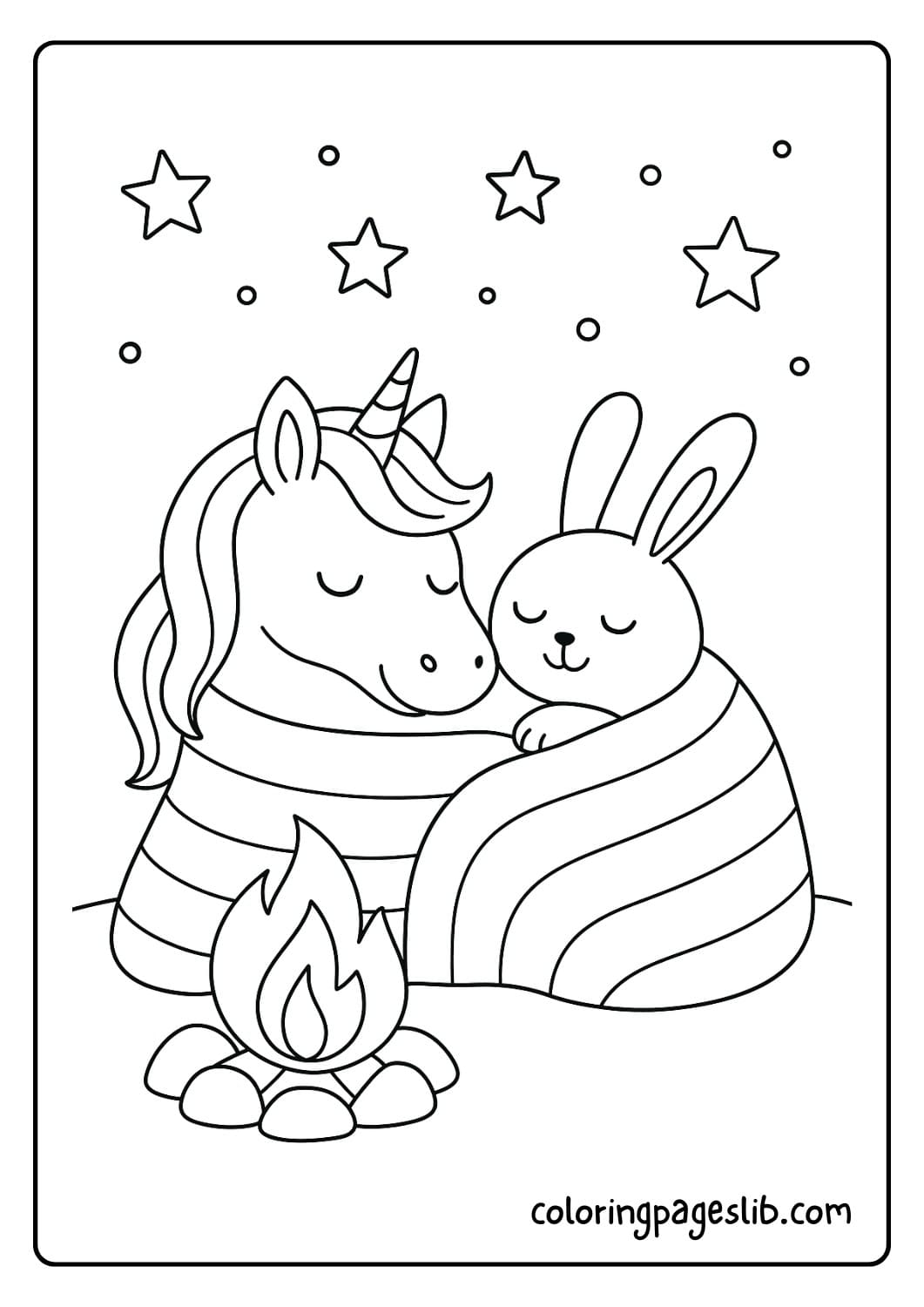 Unicorn and Bunny Snuggled Under a Blanket