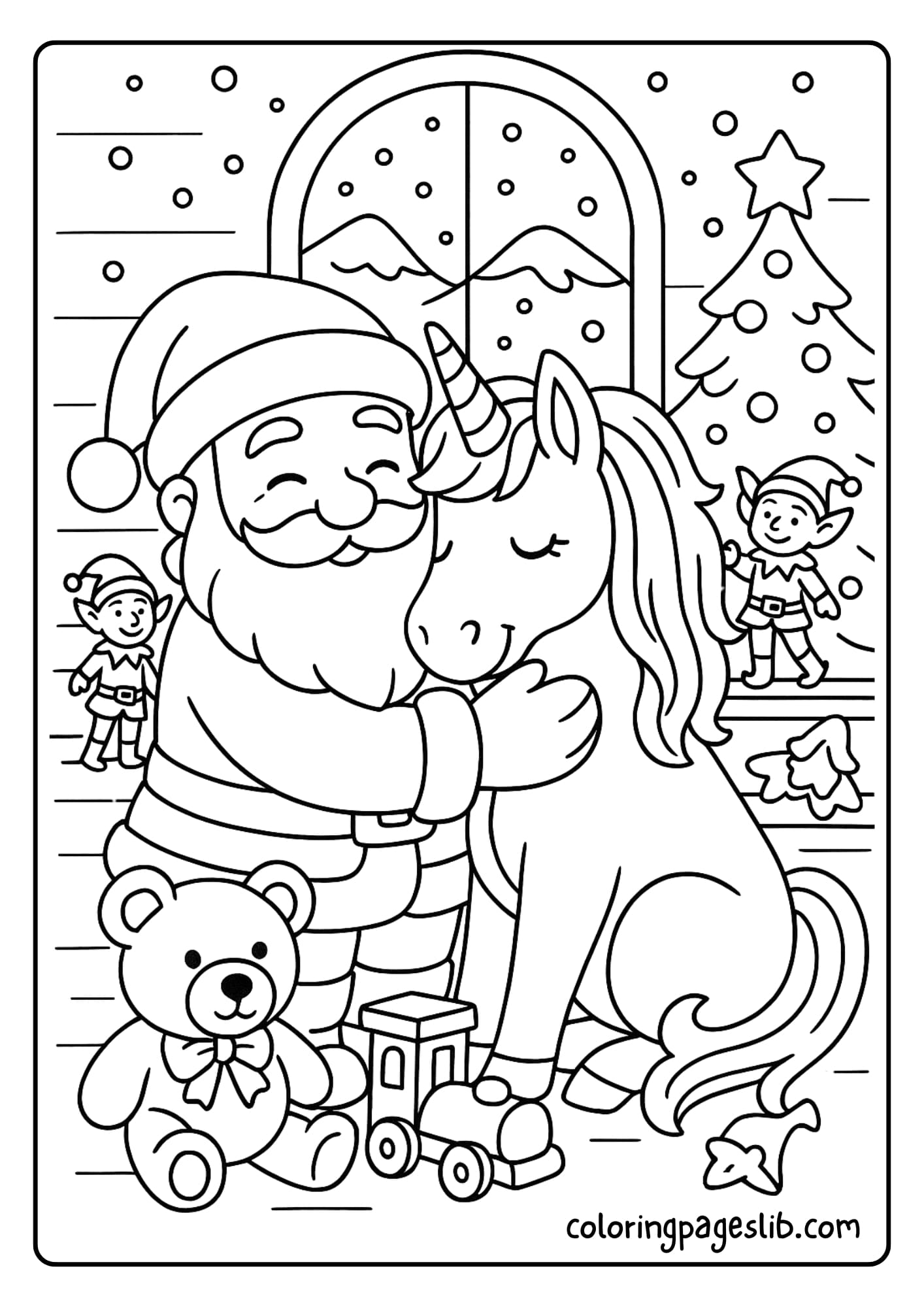 Unicorn and Santa Hugging – Santa Unicorn Coloring Page