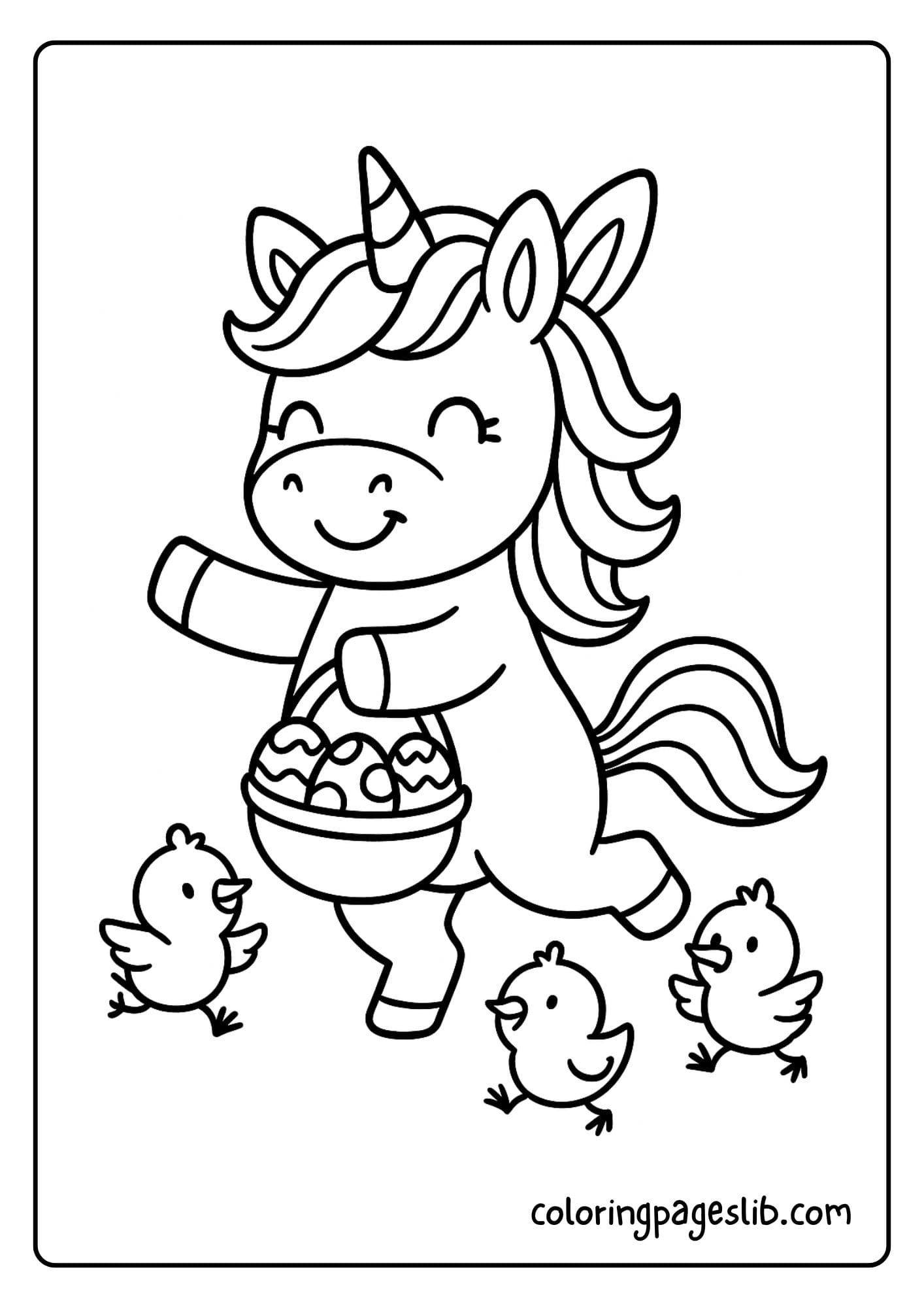 Unicorn dancing with hopping chicks around