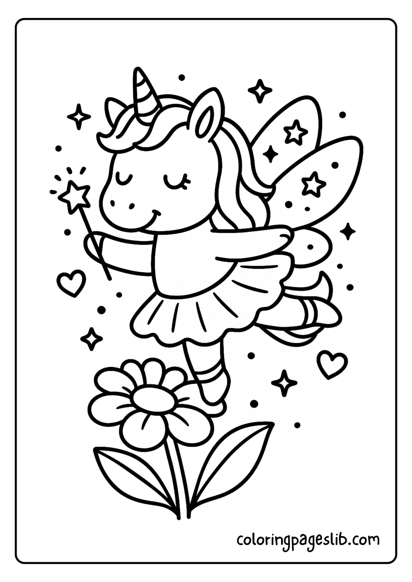 Unicorn fairy flying with glittery wings above a flower