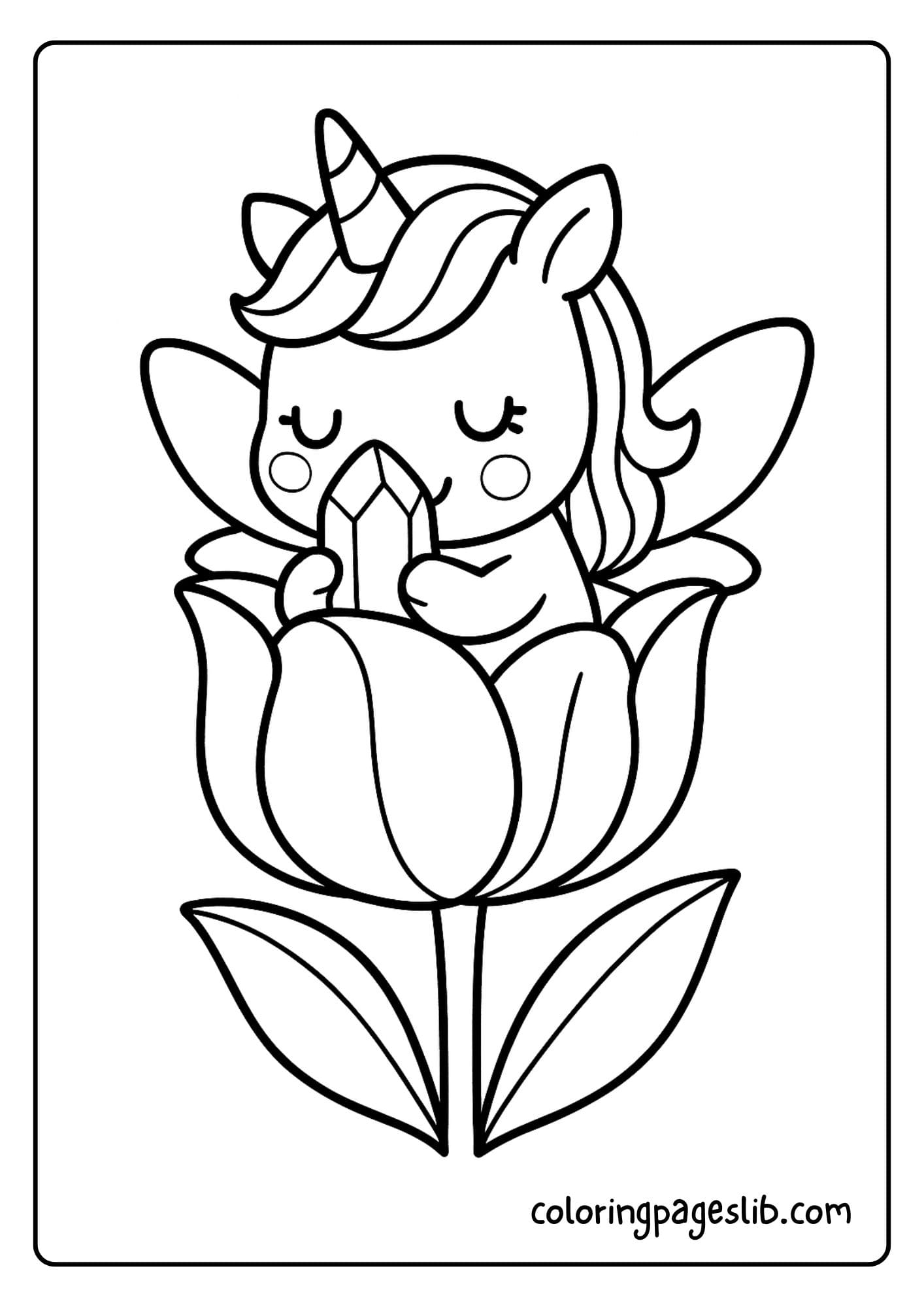 Unicorn fairy hiding inside a tulip