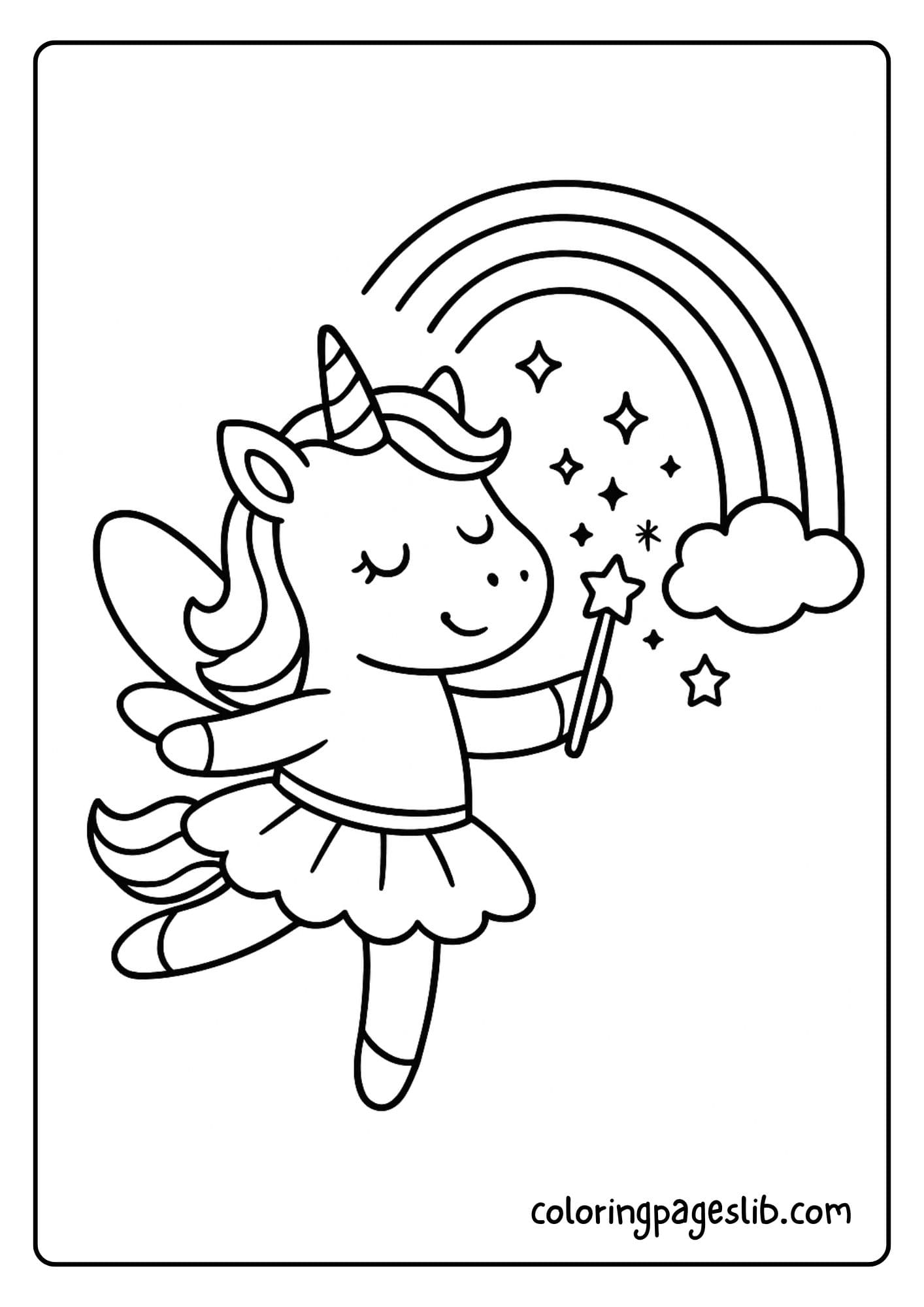 Unicorn fairy making a rainbow appear with magic