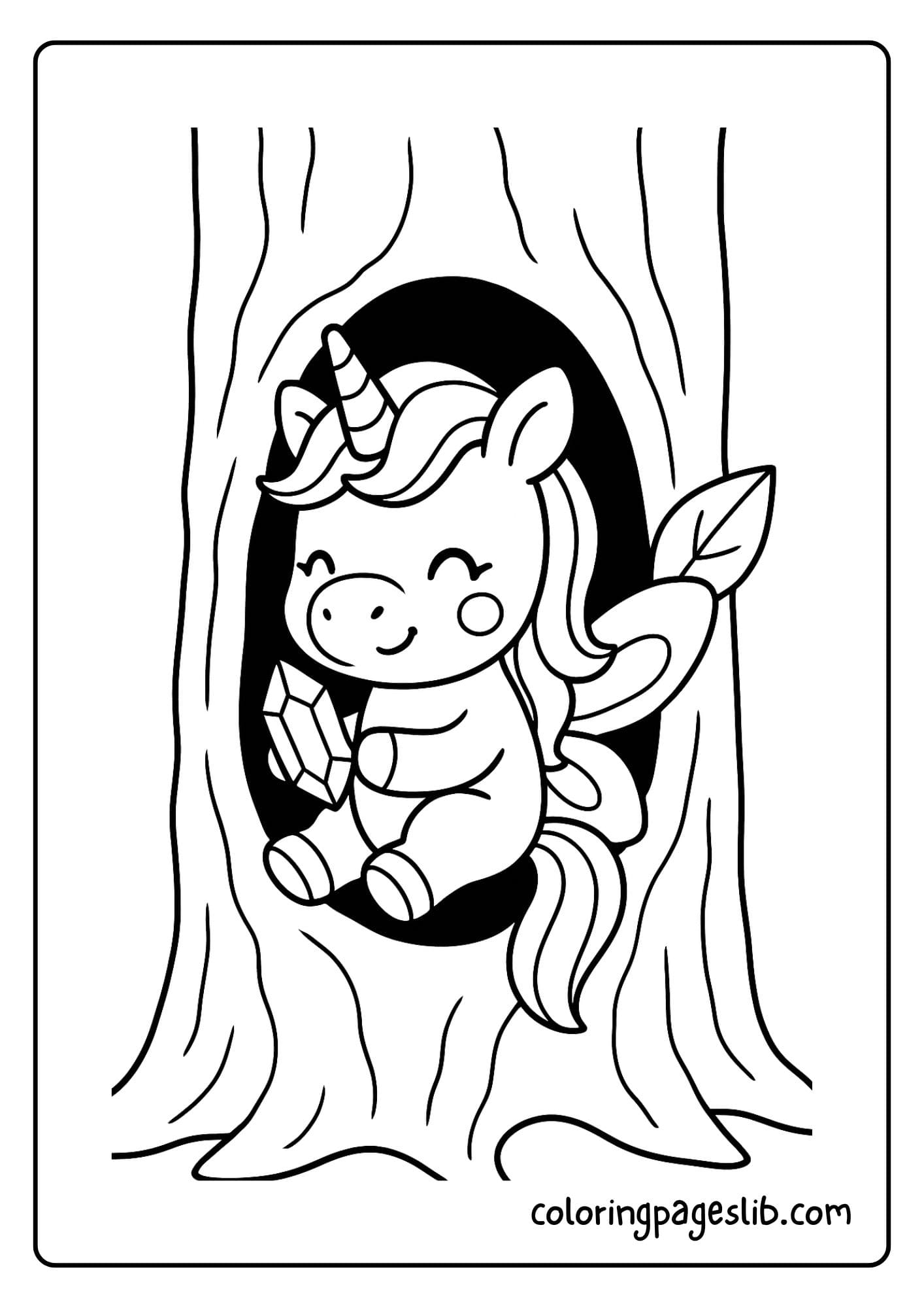 Unicorn fairy peeking out from a tree hollow