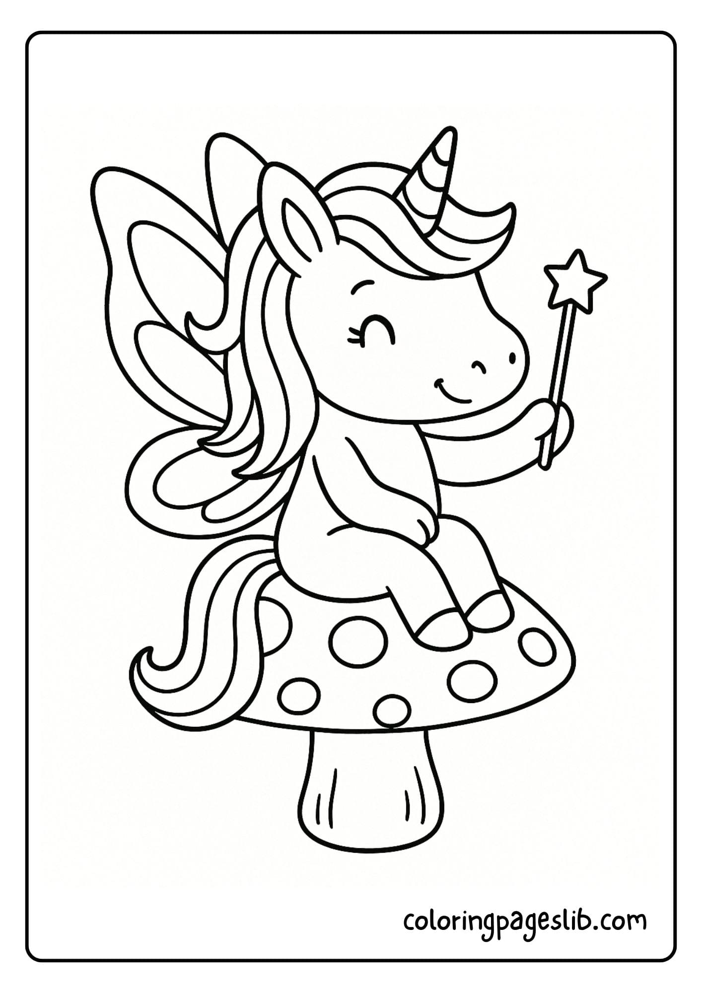 Unicorn fairy sitting on a mushroom with a tiny wand