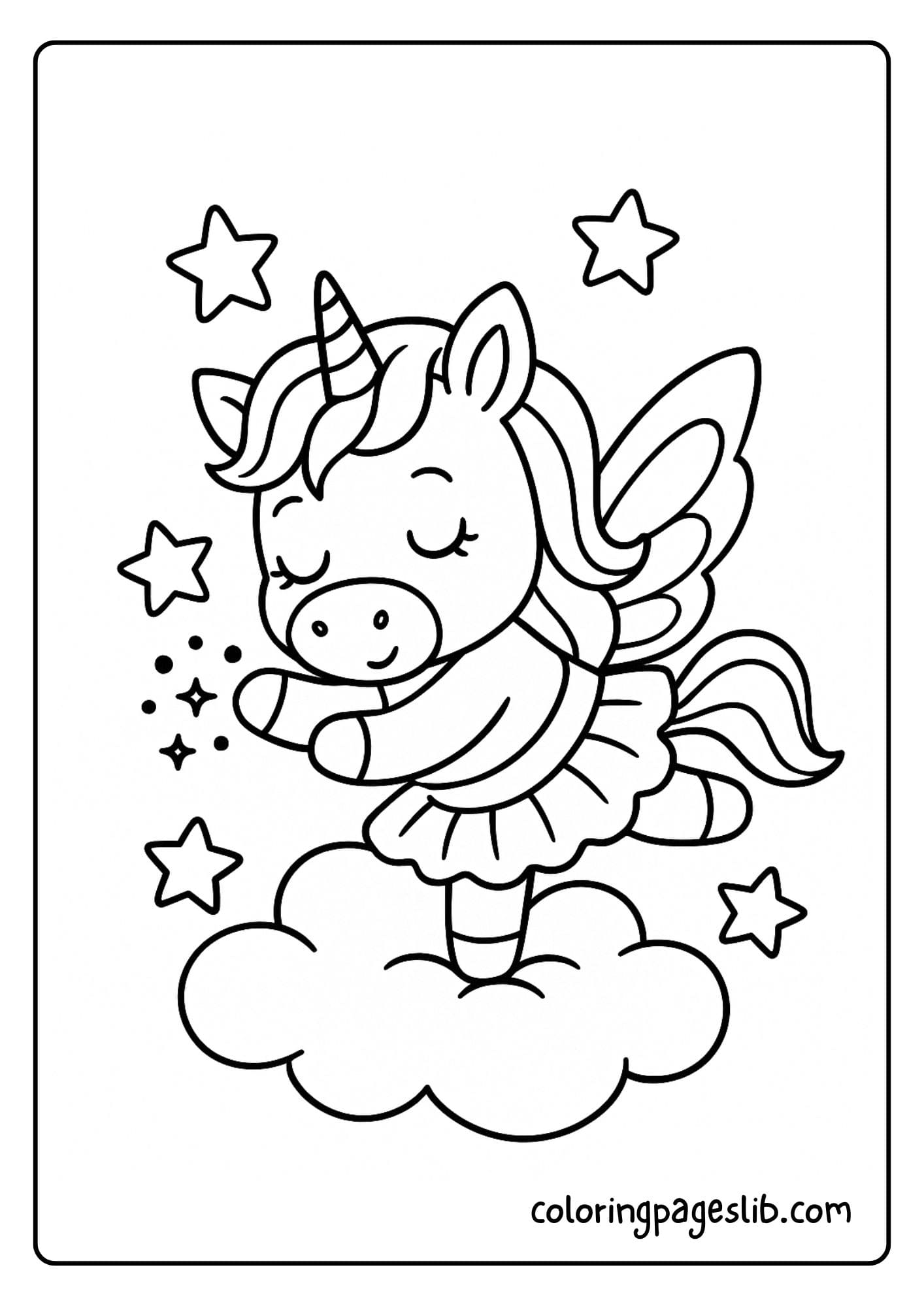 Unicorn fairy sleeping on a cloud with stars around