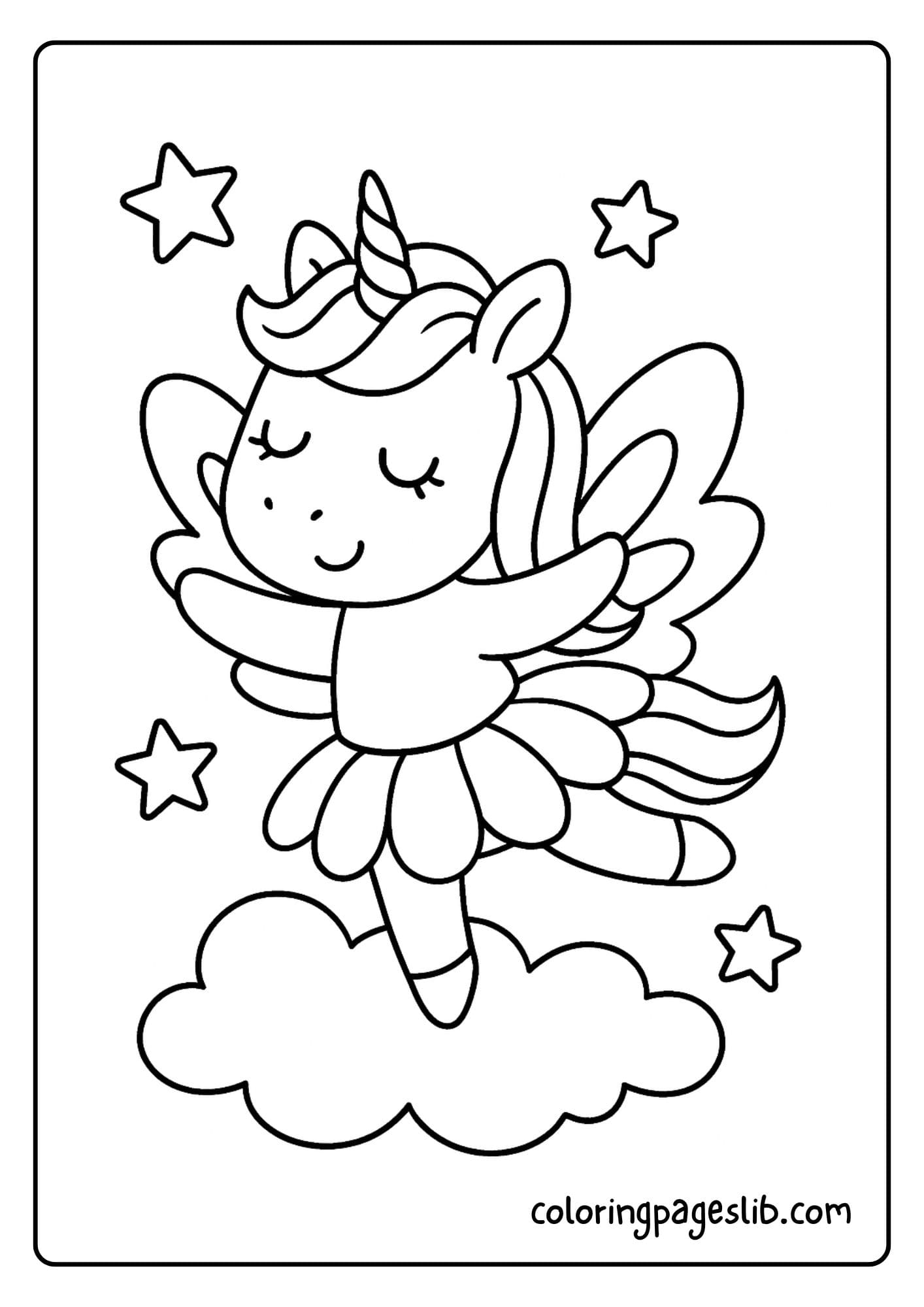 Unicorn fairy with flower petal wings floating in the sky