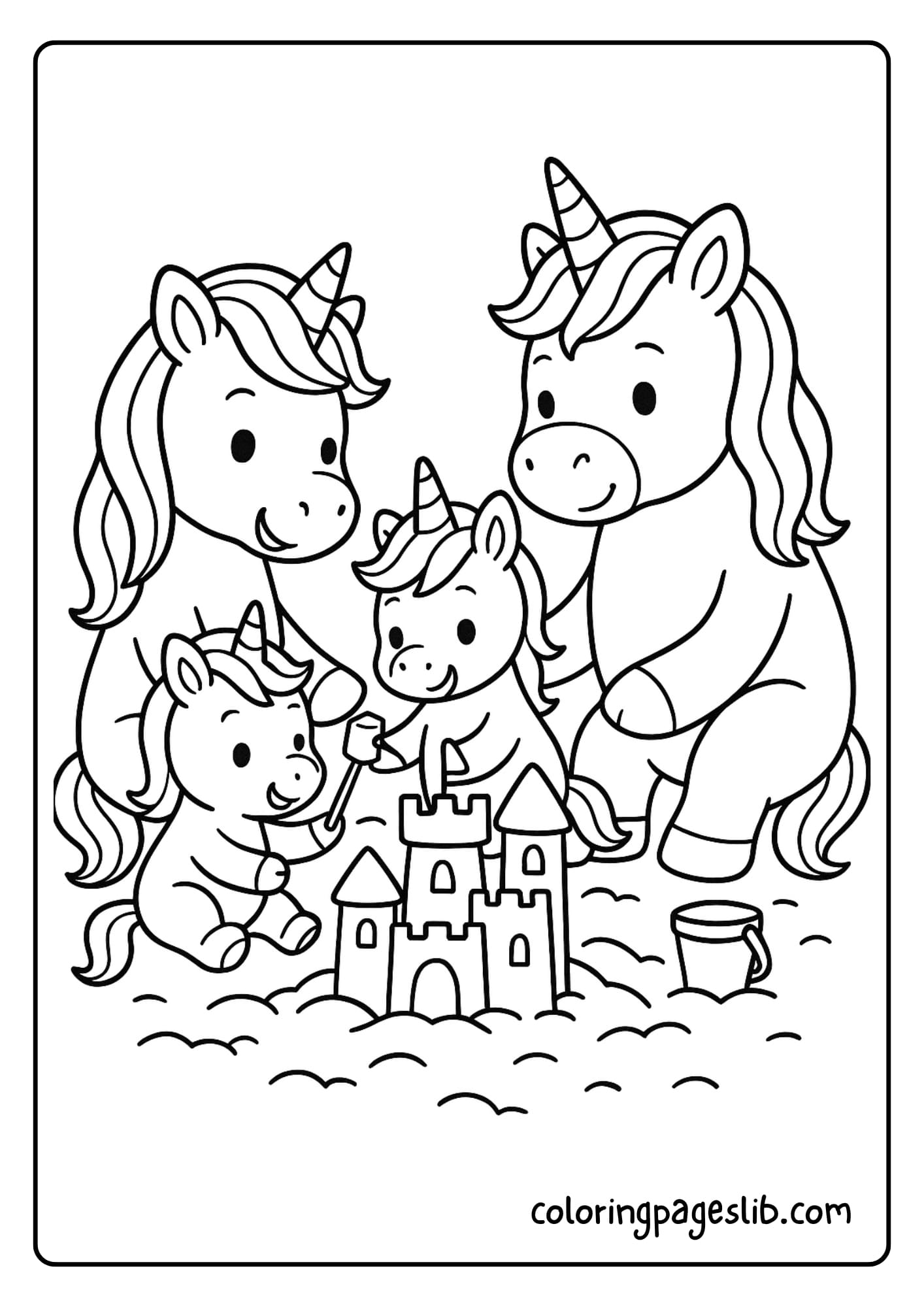Unicorn family building a sandcastle