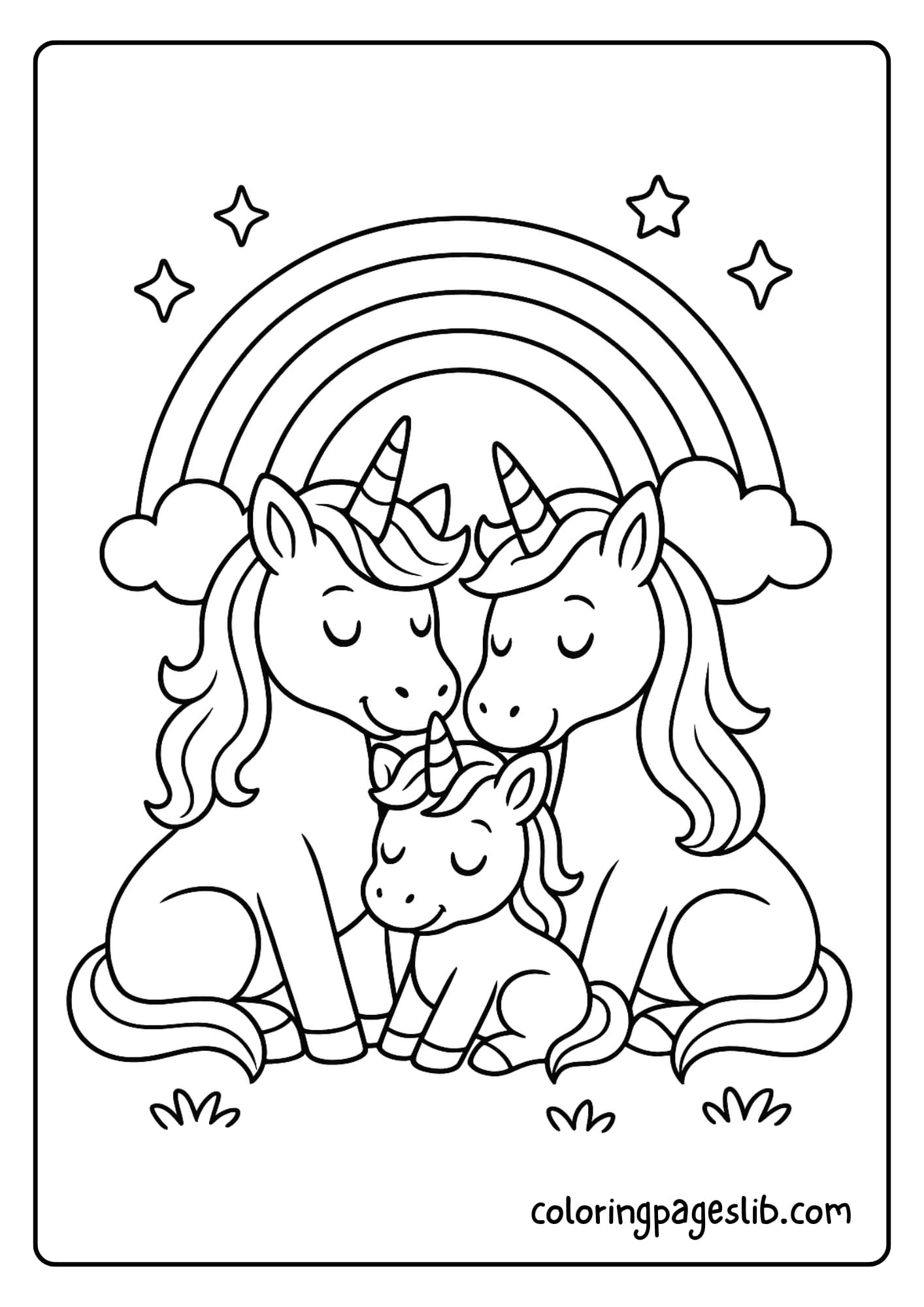 Unicorn family cuddling under a rainbow