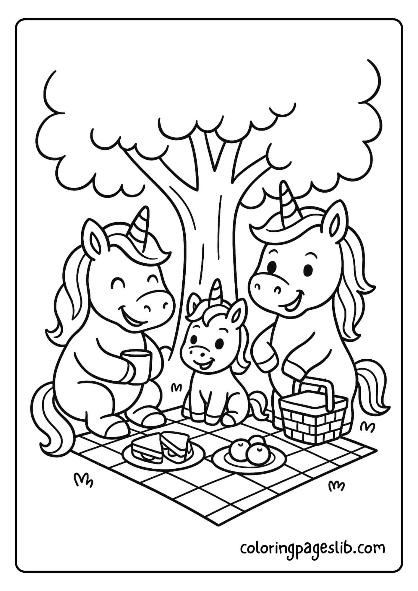 Unicorn family having a picnic under a tree