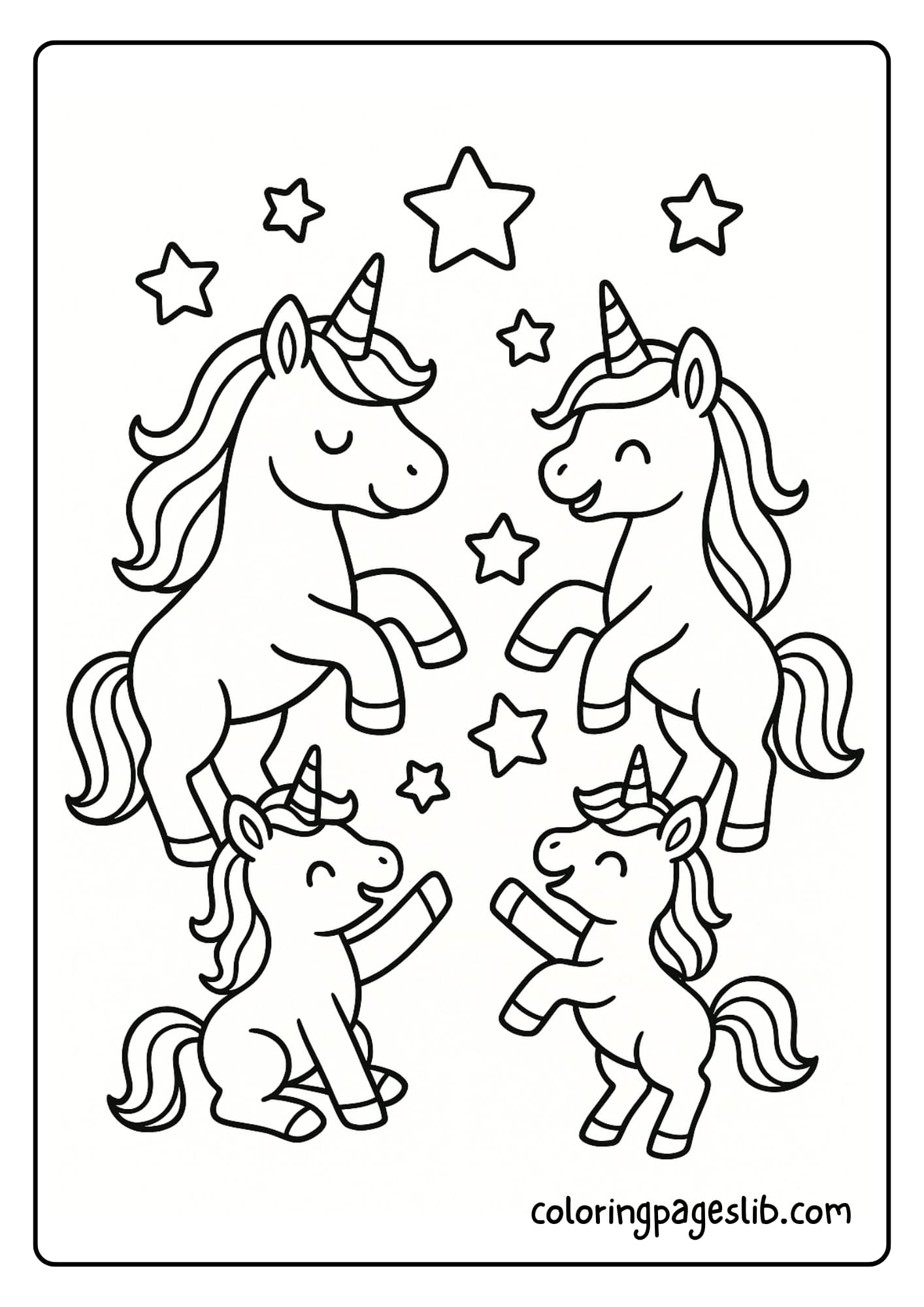 Unicorn family playing with floating stars