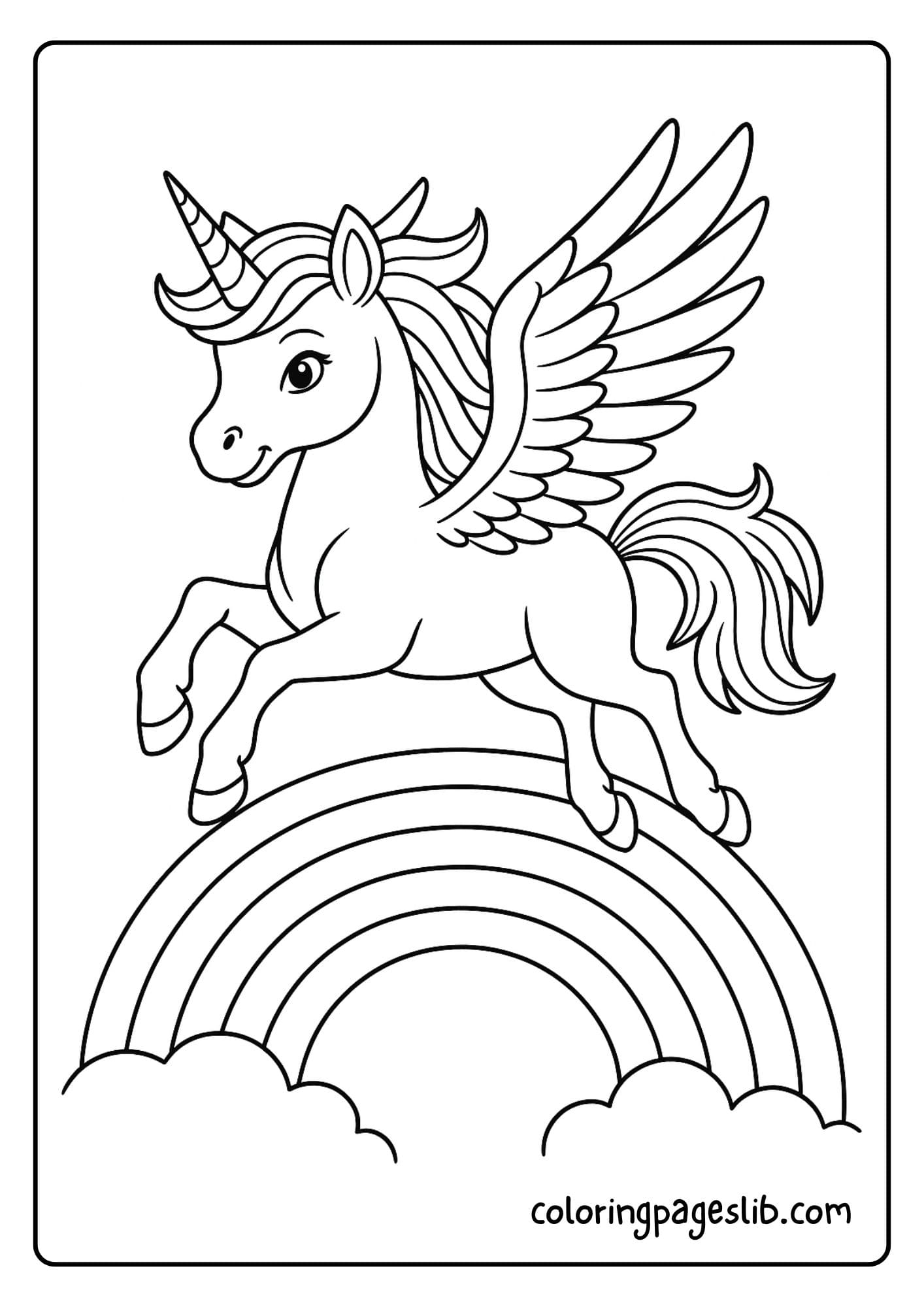 Unicorn flying low over a rainbow