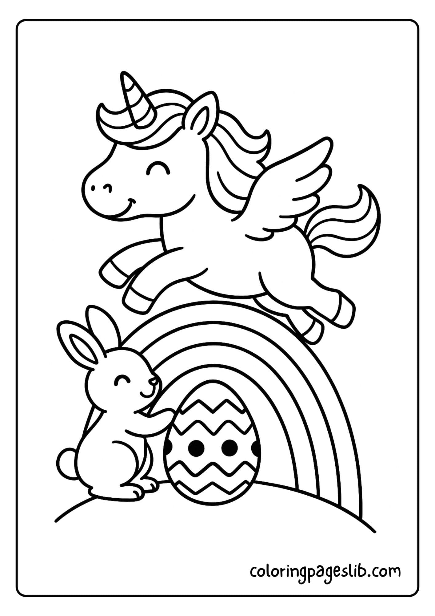 Unicorn flying over an Easter egg rainbow