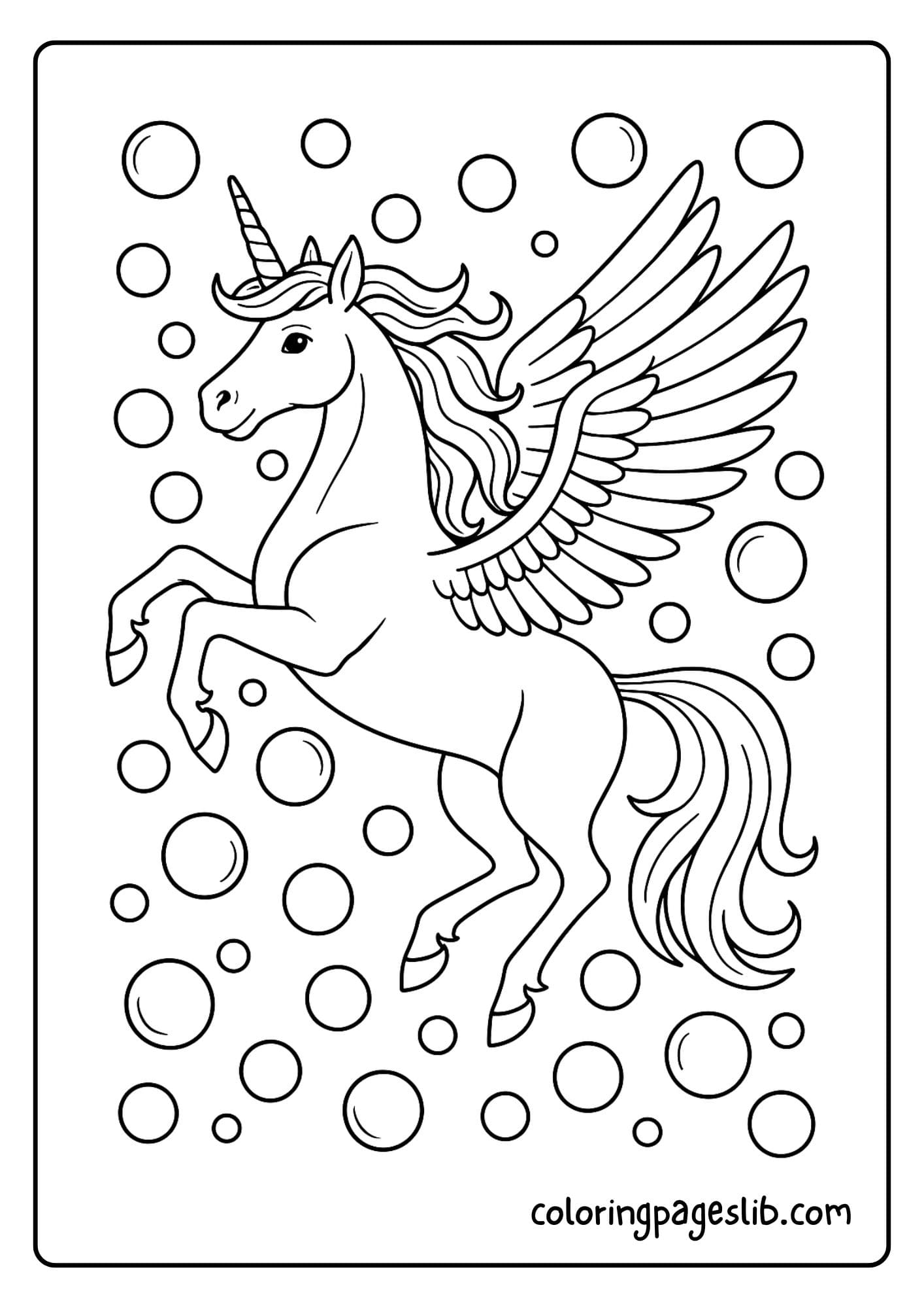 Unicorn flying through a sky full of bubbles